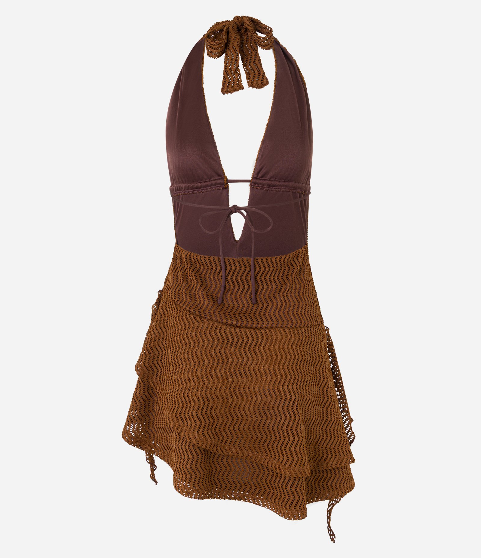 Vestido Frente Única com Textura Furadinha e Babados Marrom 8