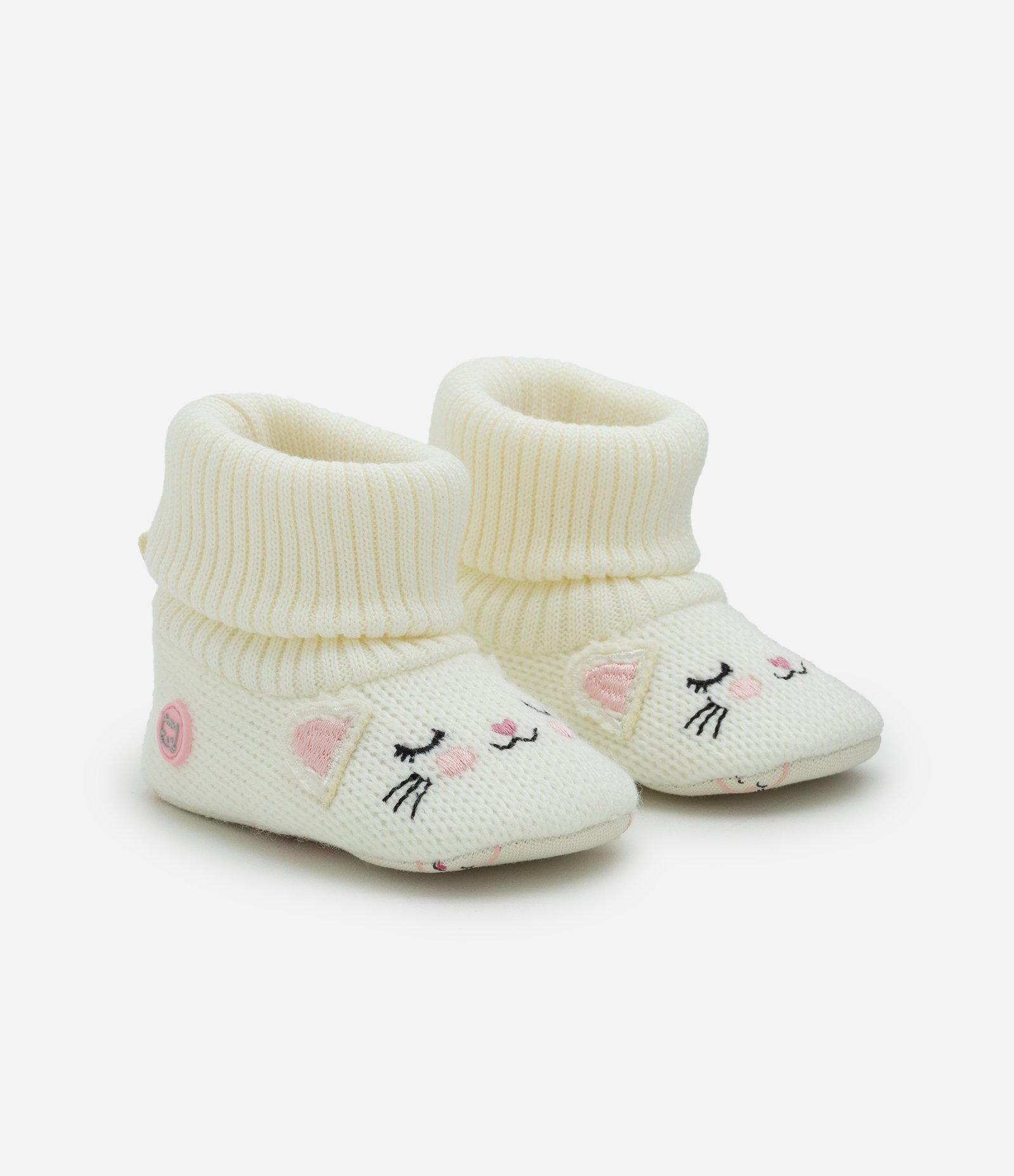 Bota Infantil em Tricô com Gatinha e Cano Dobrado – Tam 0 a 12 Meses Off White 1