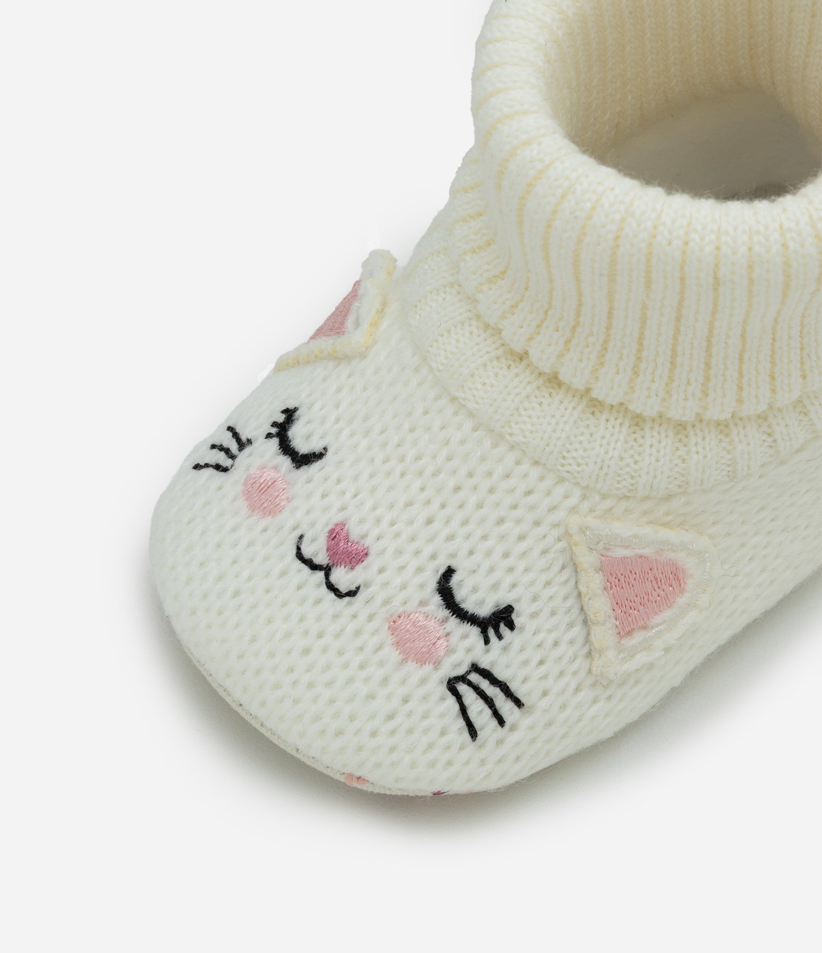 Bota Infantil em Tricô com Gatinha e Cano Dobrado – Tam 0 a 12 Meses Off White 3