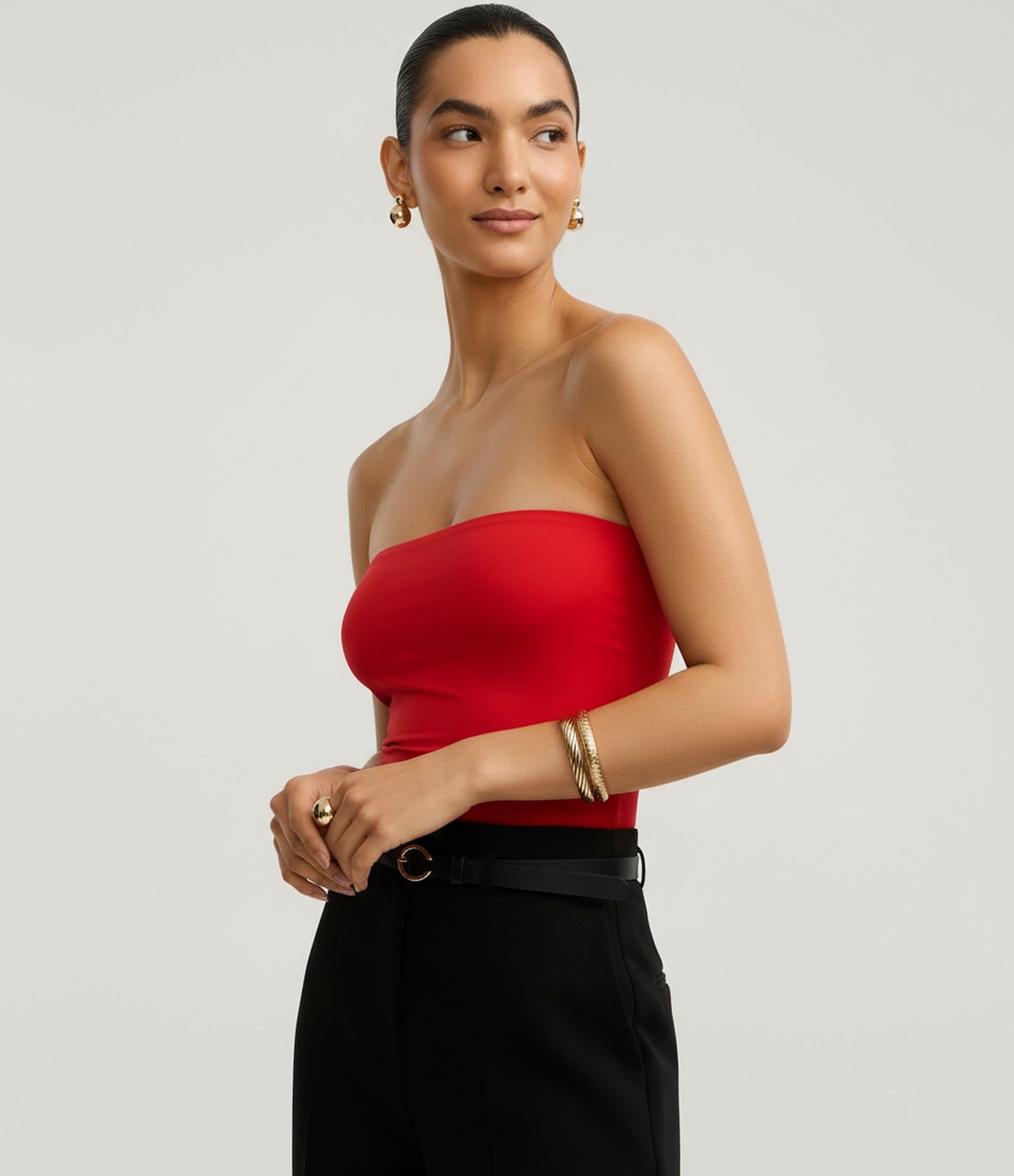 Blusa Ajustada Sem Alça em Poliamida Vermelho 4