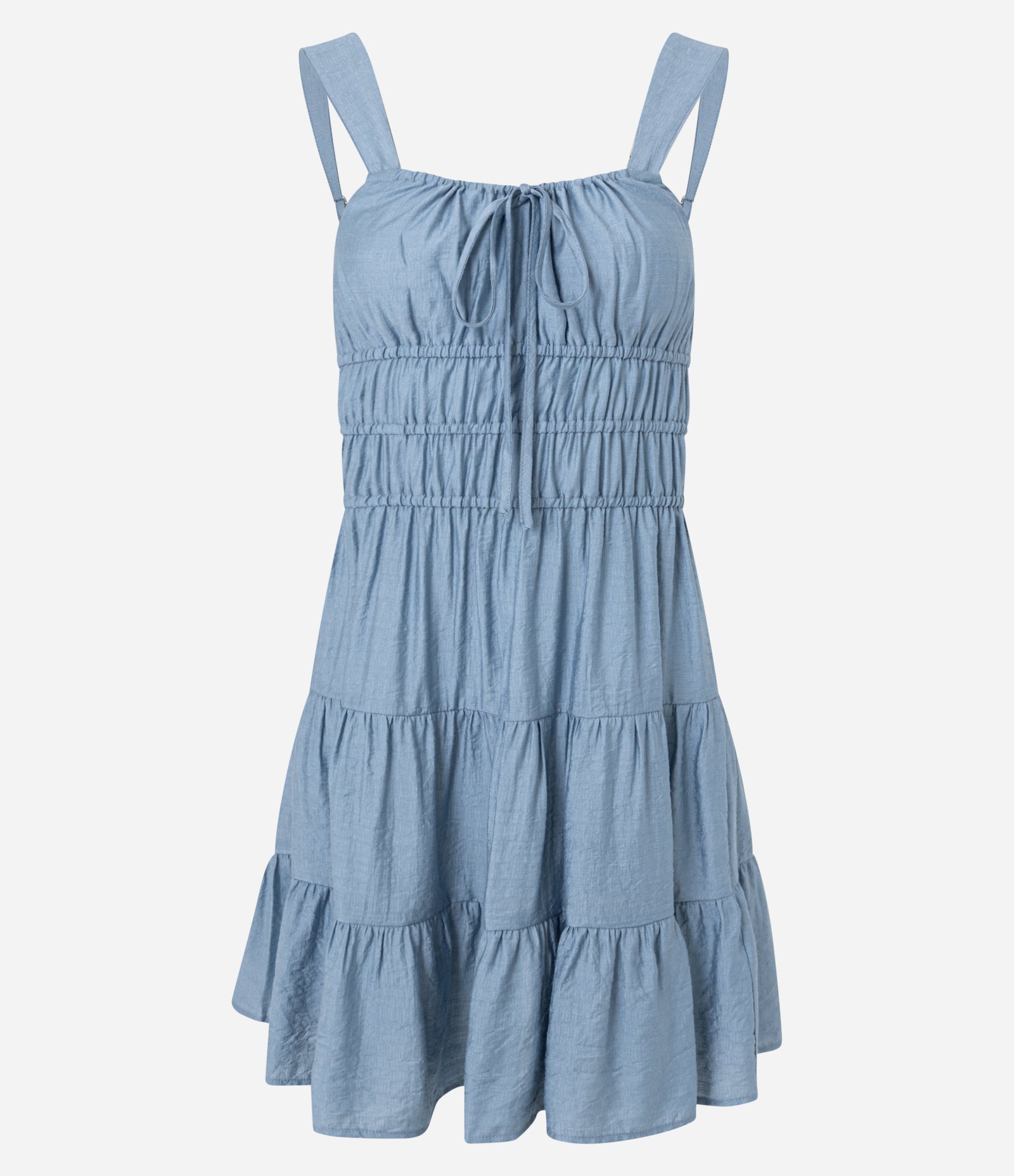 Vestido Evasê Curto com Amarração e Babados Azul 6