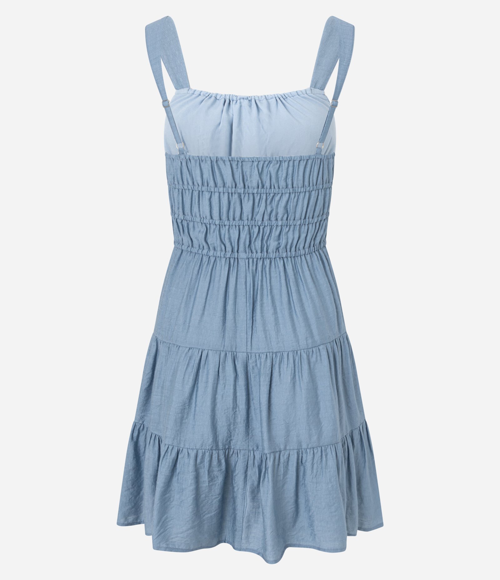 Vestido Evasê Curto com Amarração e Babados Azul 7