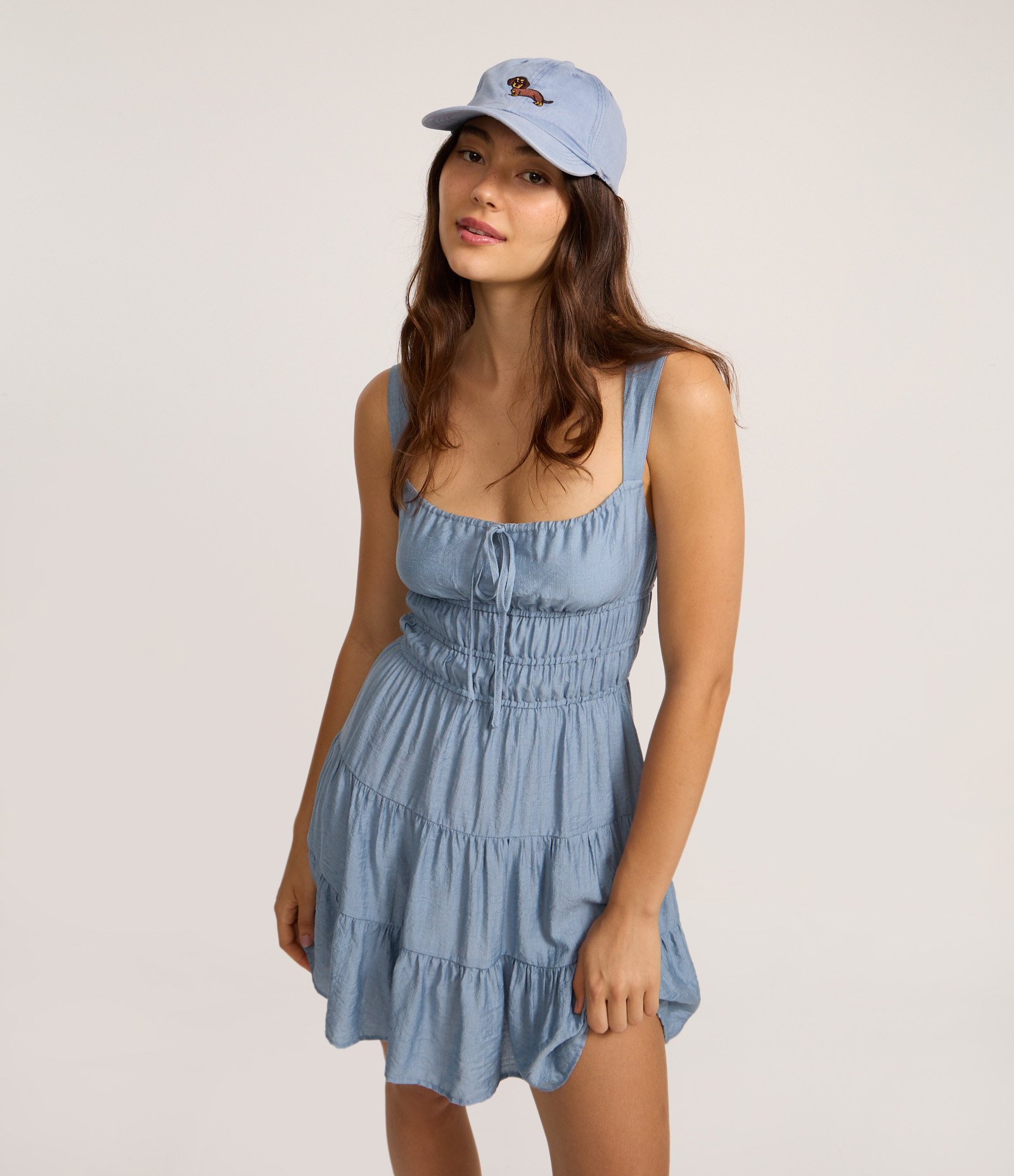 Vestido Evasê Curto com Amarração e Babados Azul 1