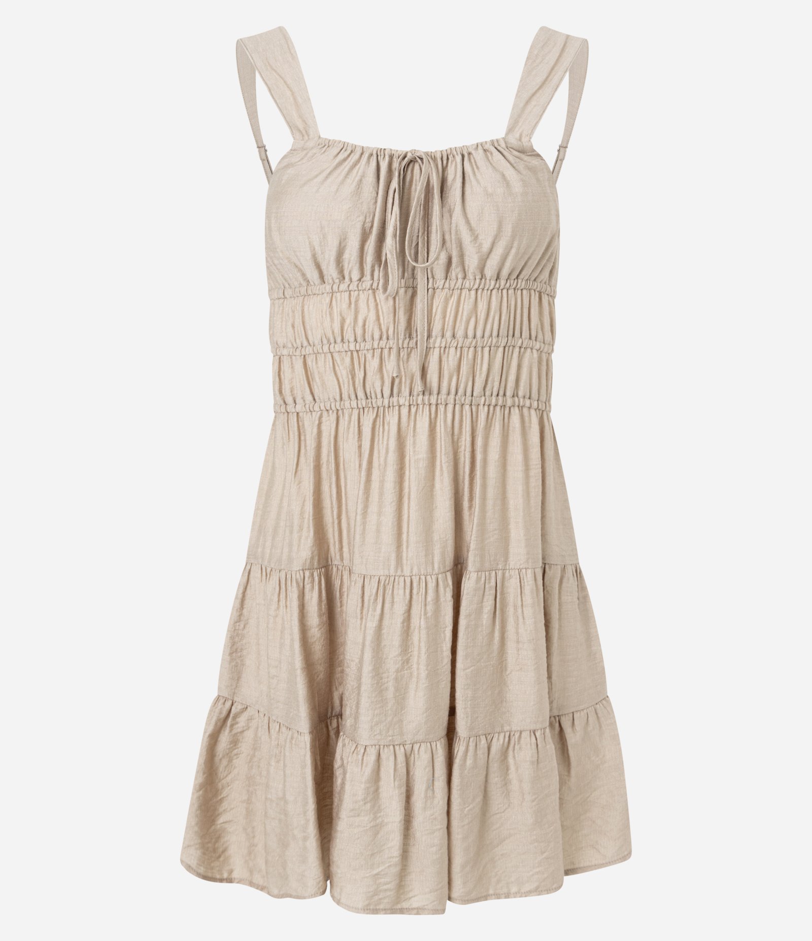 Vestido Evasê Curto com Amarração e Babados Bege 6