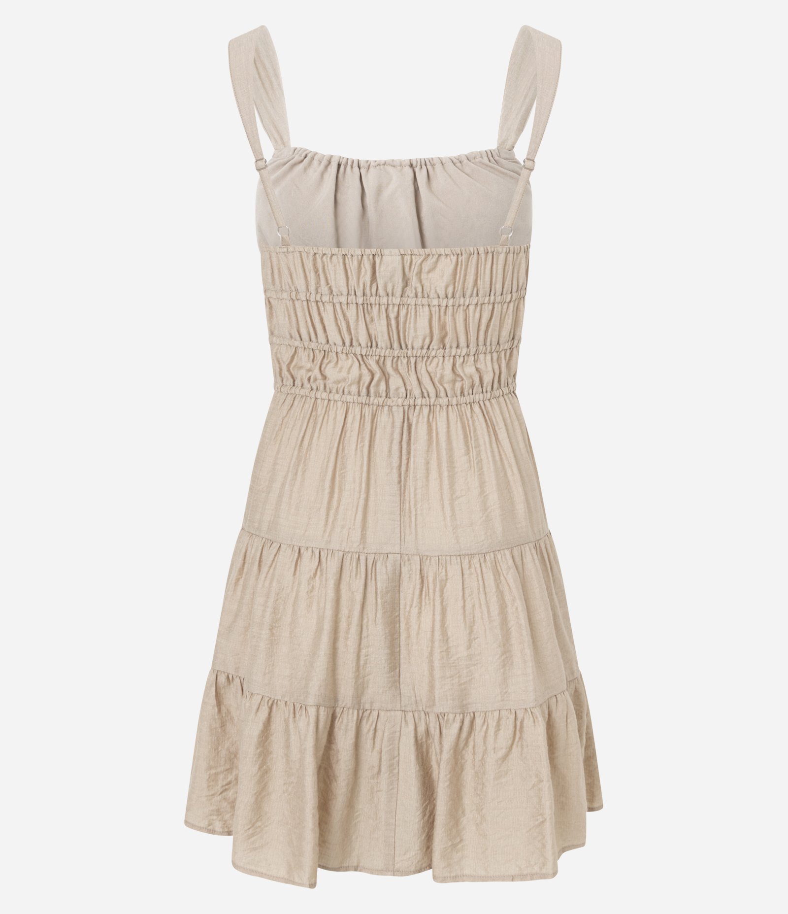 Vestido Evasê Curto com Amarração e Babados Bege 7