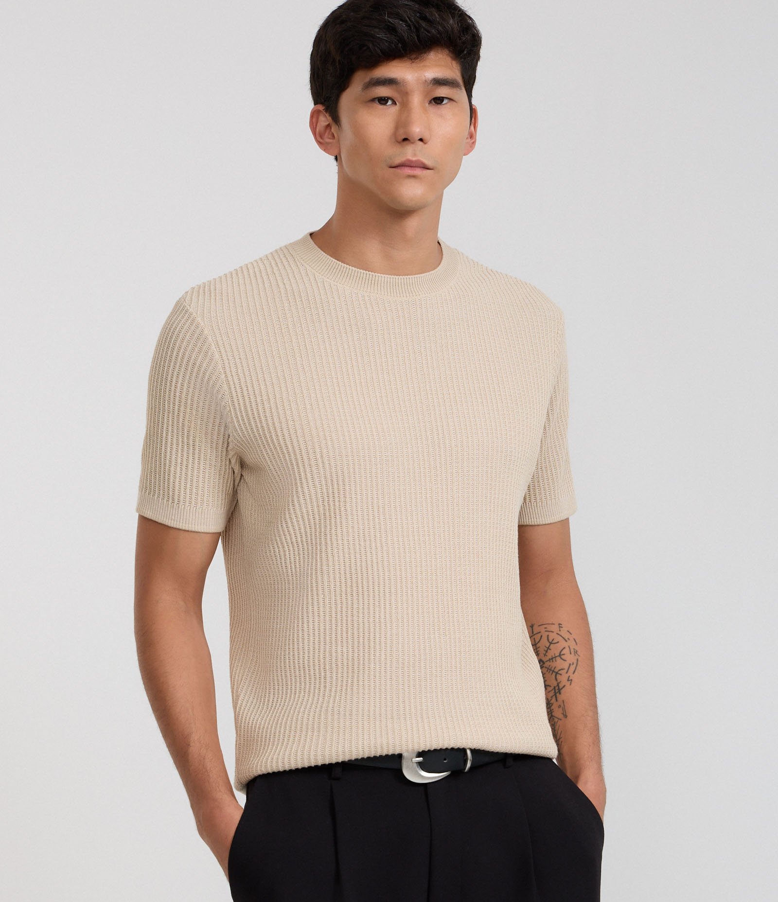 Camiseta Slim em Tricô com Textura Canelada Bege 1