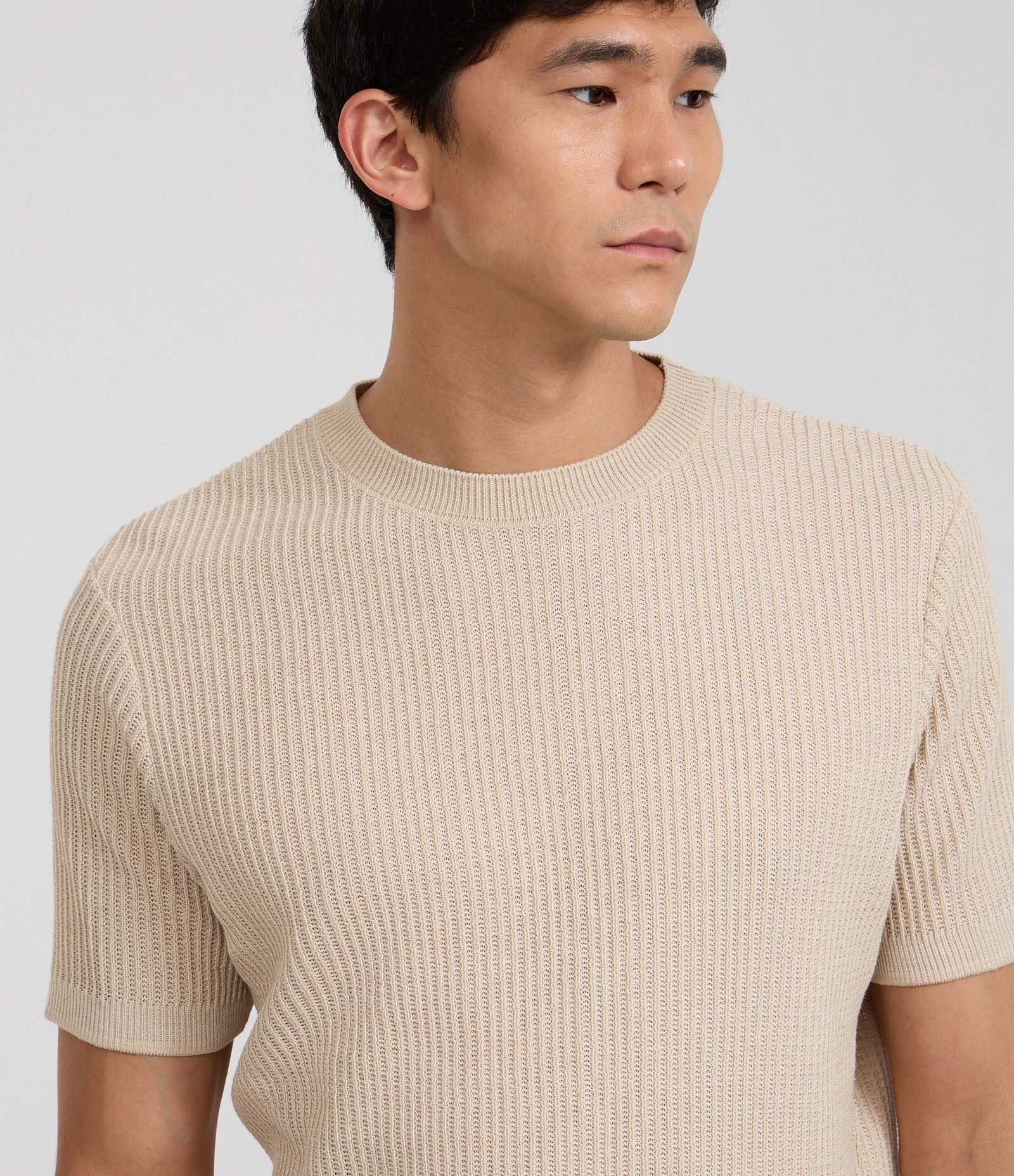 Camiseta Slim em Tricô com Textura Canelada Bege 4