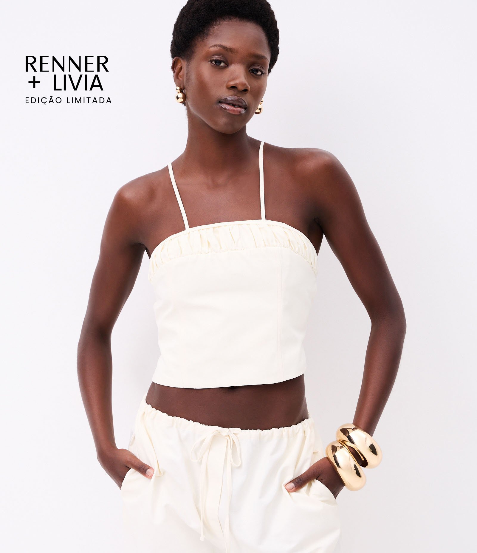 Blusa de Alça em Tricoline com Franzido no Busto Off White 1