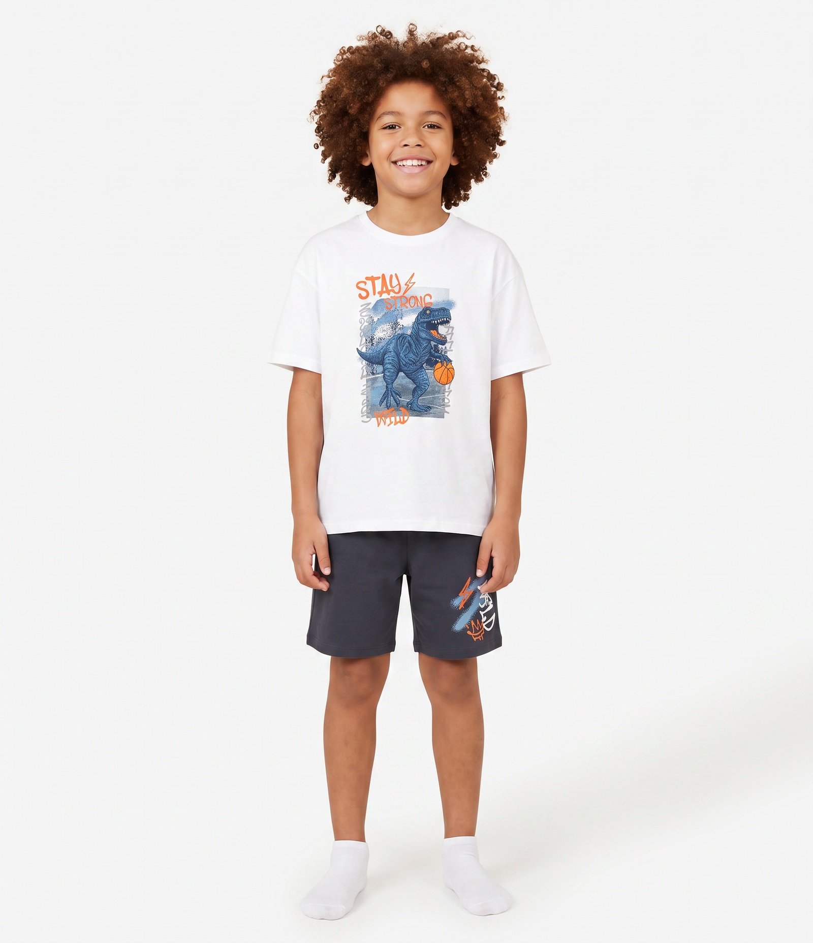 Pijama Infantil Curto com Estampa de Dinossauro - Tam 5 a 14 Anos Branco/Cinza 1