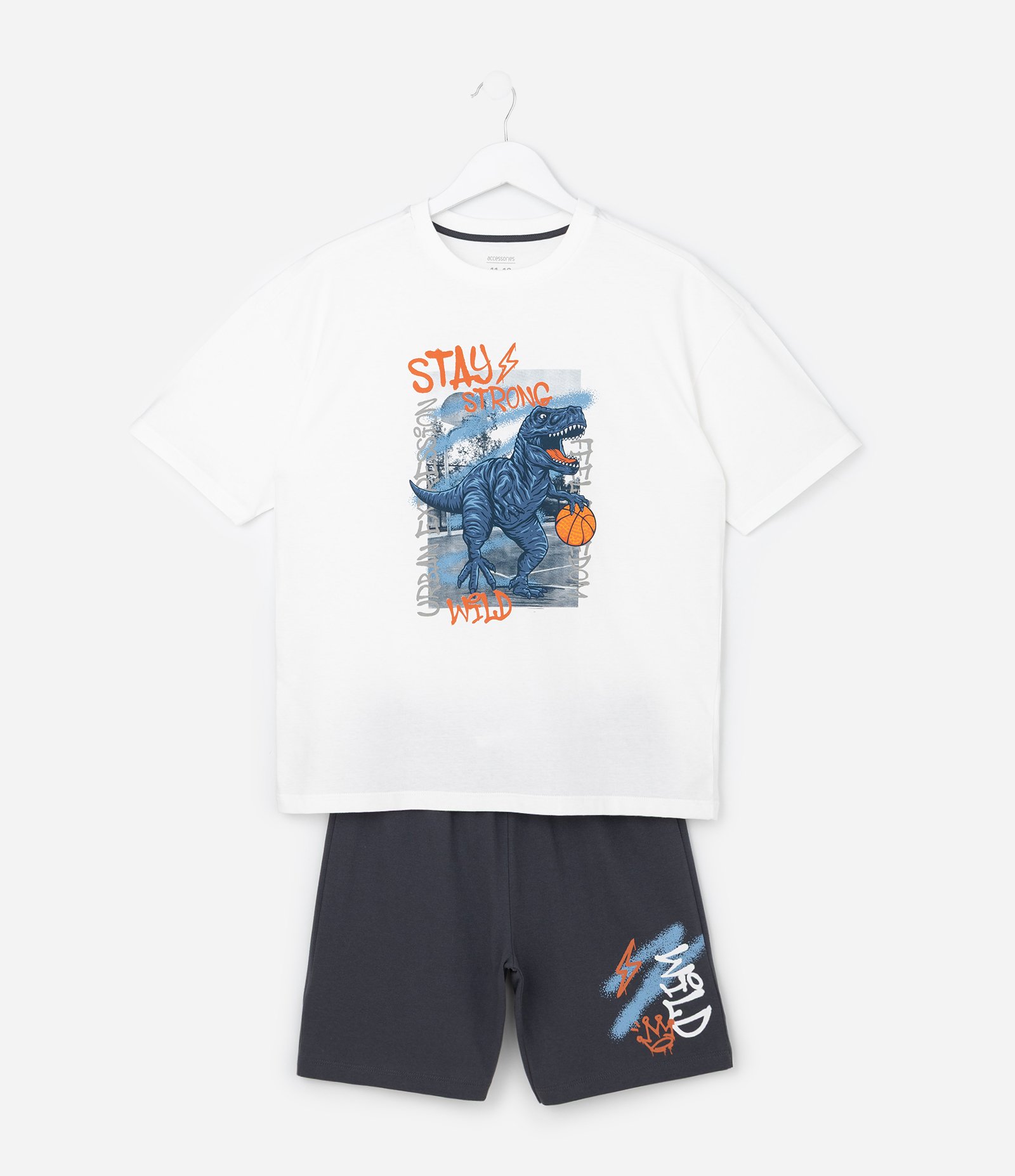 Pijama Infantil Curto com Estampa de Dinossauro - Tam 5 a 14 Anos Branco/Cinza 1