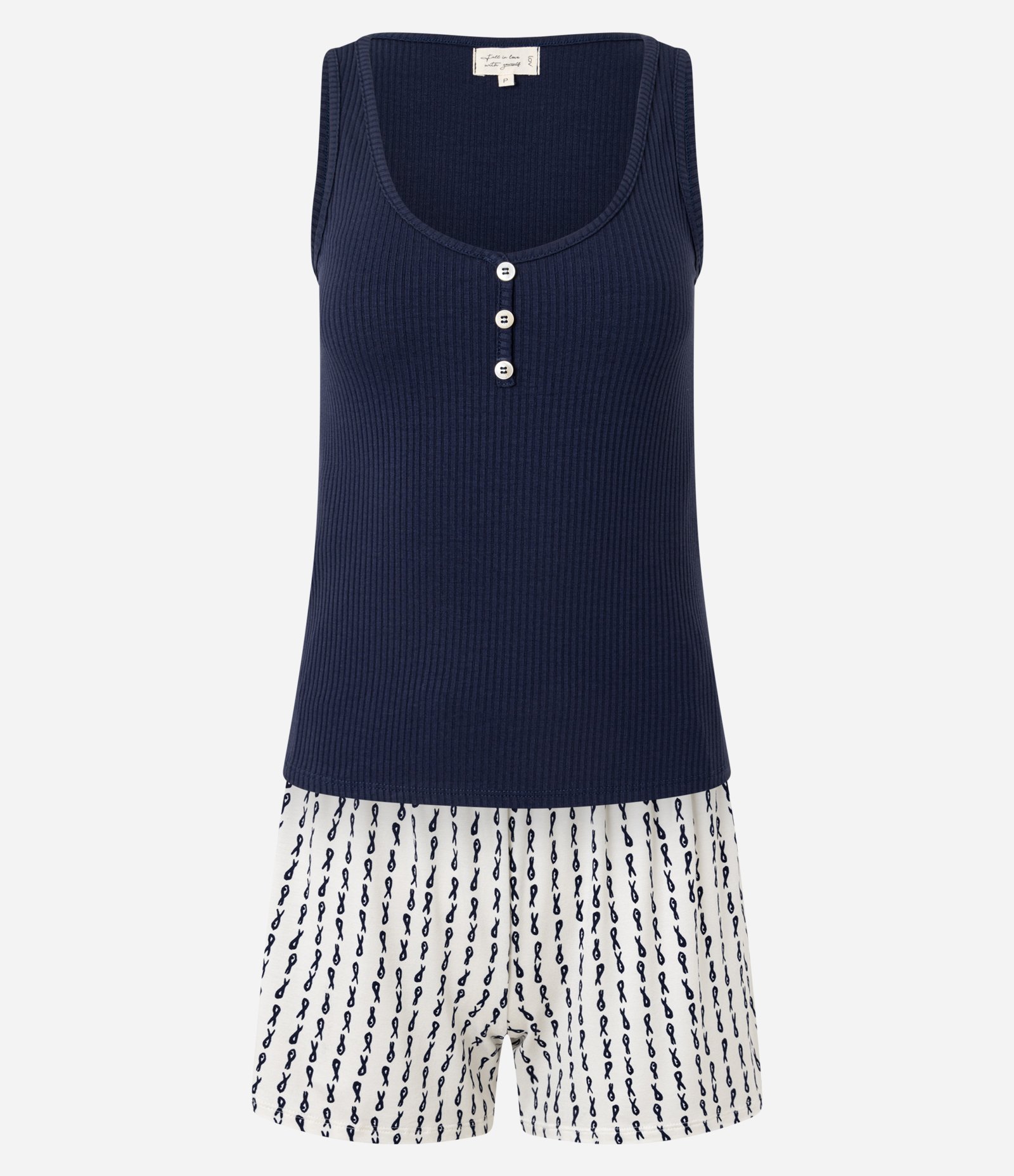 Pijama Short Doll em Ribana com Short Estampado de Peixinhos Azul Marinho/Branco 4