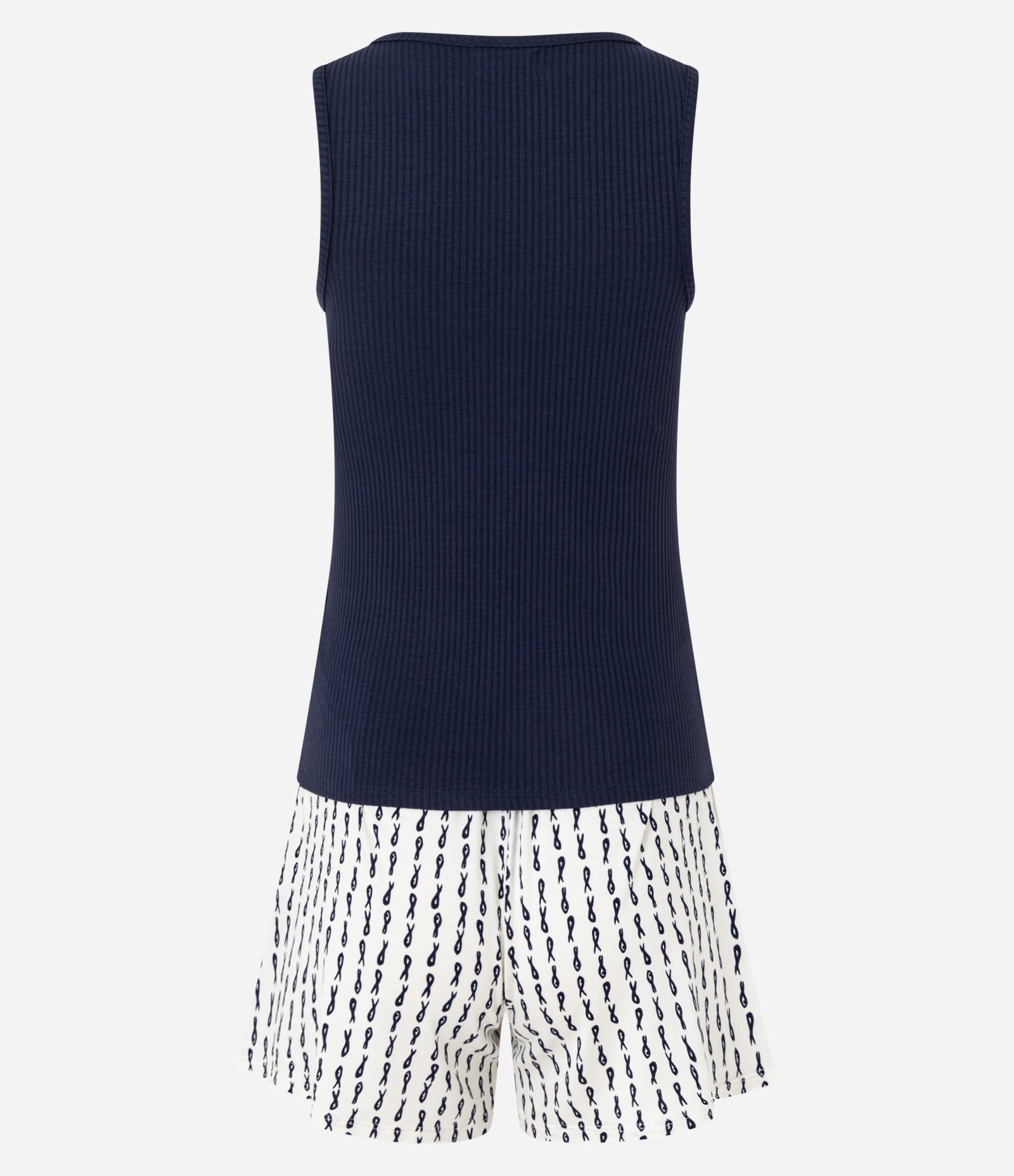 Pijama Short Doll em Ribana com Short Estampado de Peixinhos Azul Marinho/Branco 7