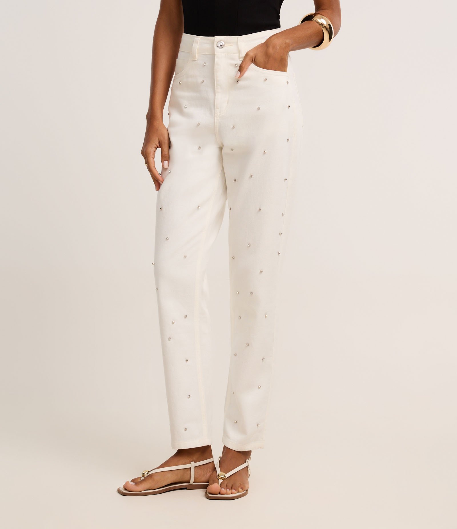 Calça Mom Comfort em Sarja com Brilho Off White 3