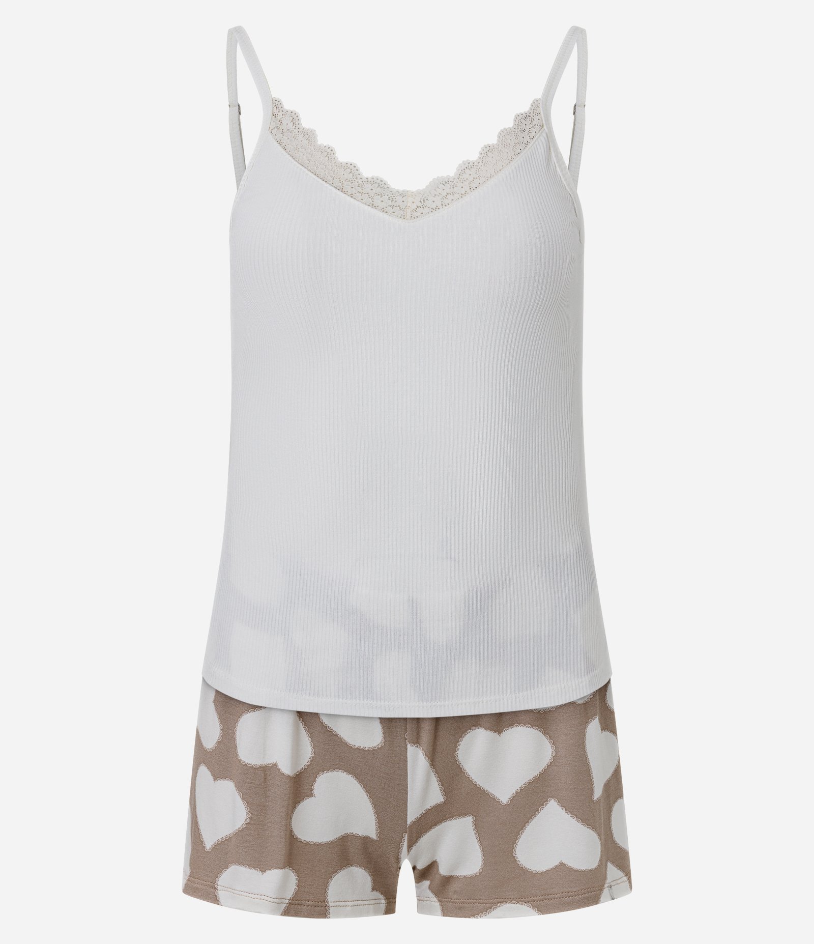 Pijama Short Doll em Viscose com Rendinha e Short com Estampa de Coração Branco 1