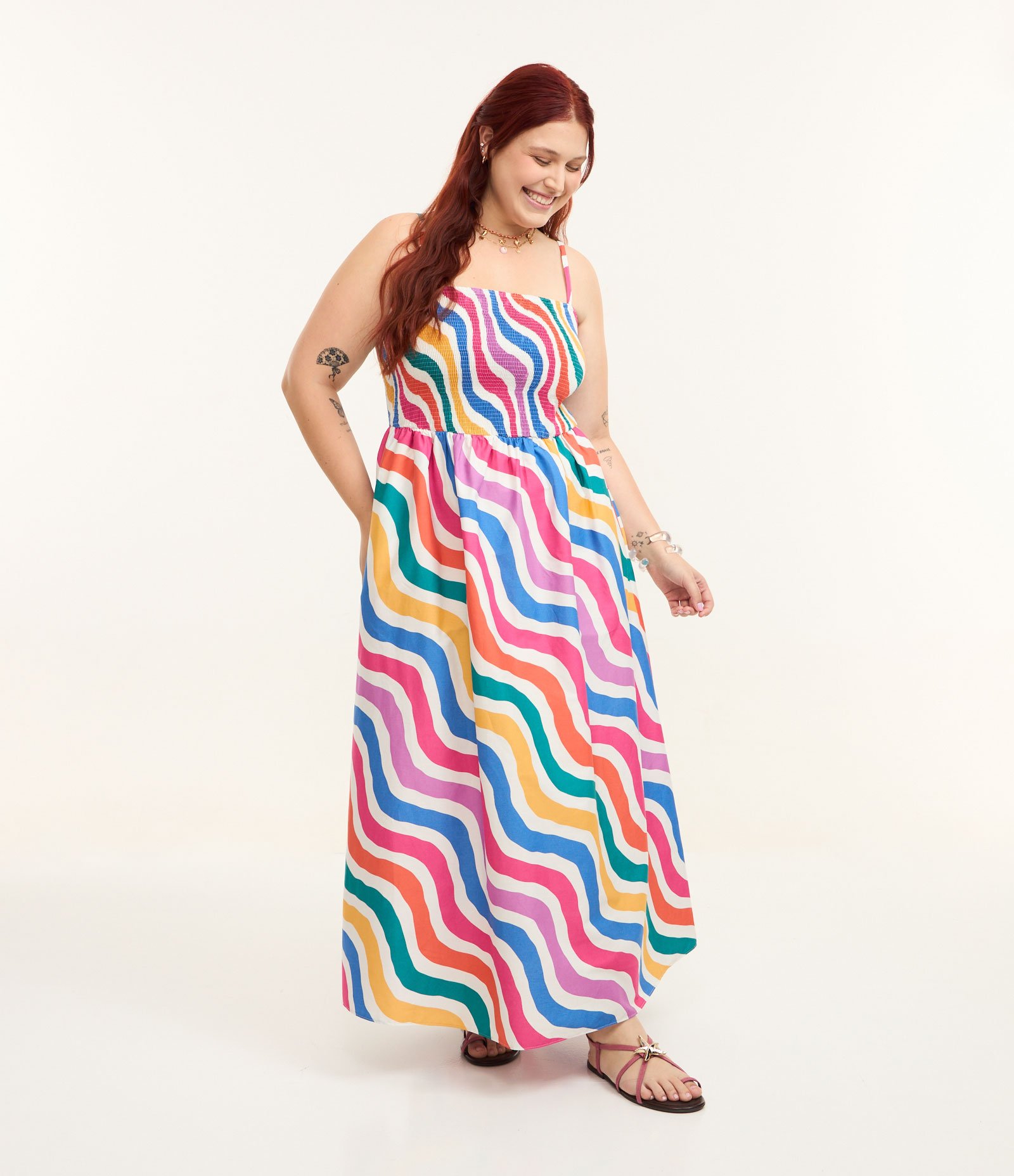 Vestido Midi em Tricoline com Listras Curve & Plus Size Multicores 1