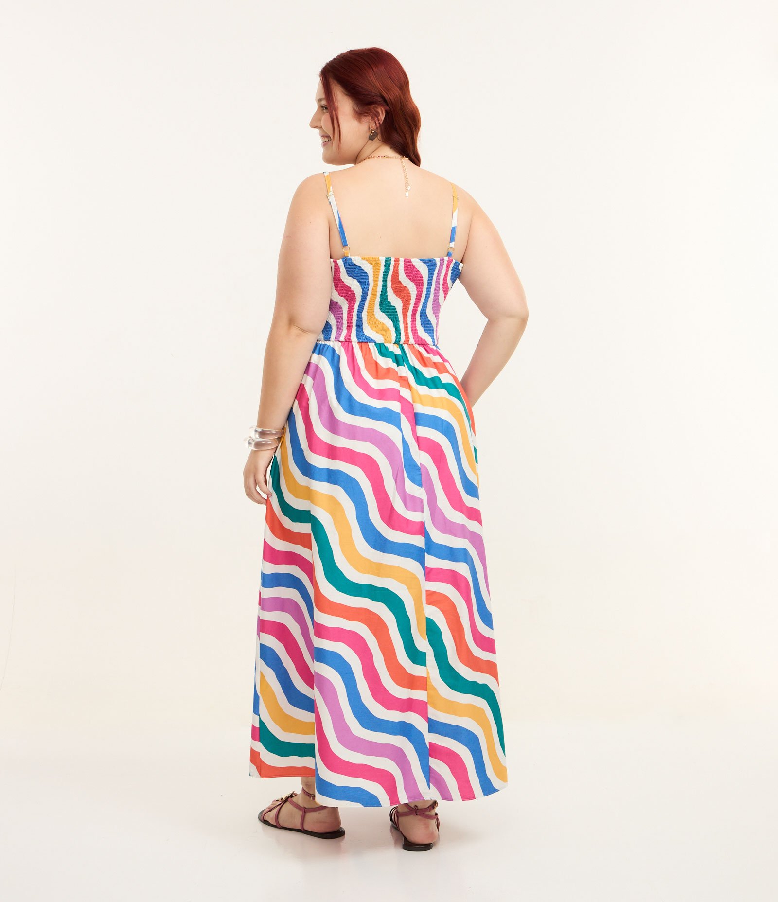 Vestido Midi em Tricoline com Listras Curve & Plus Size Multicores 4