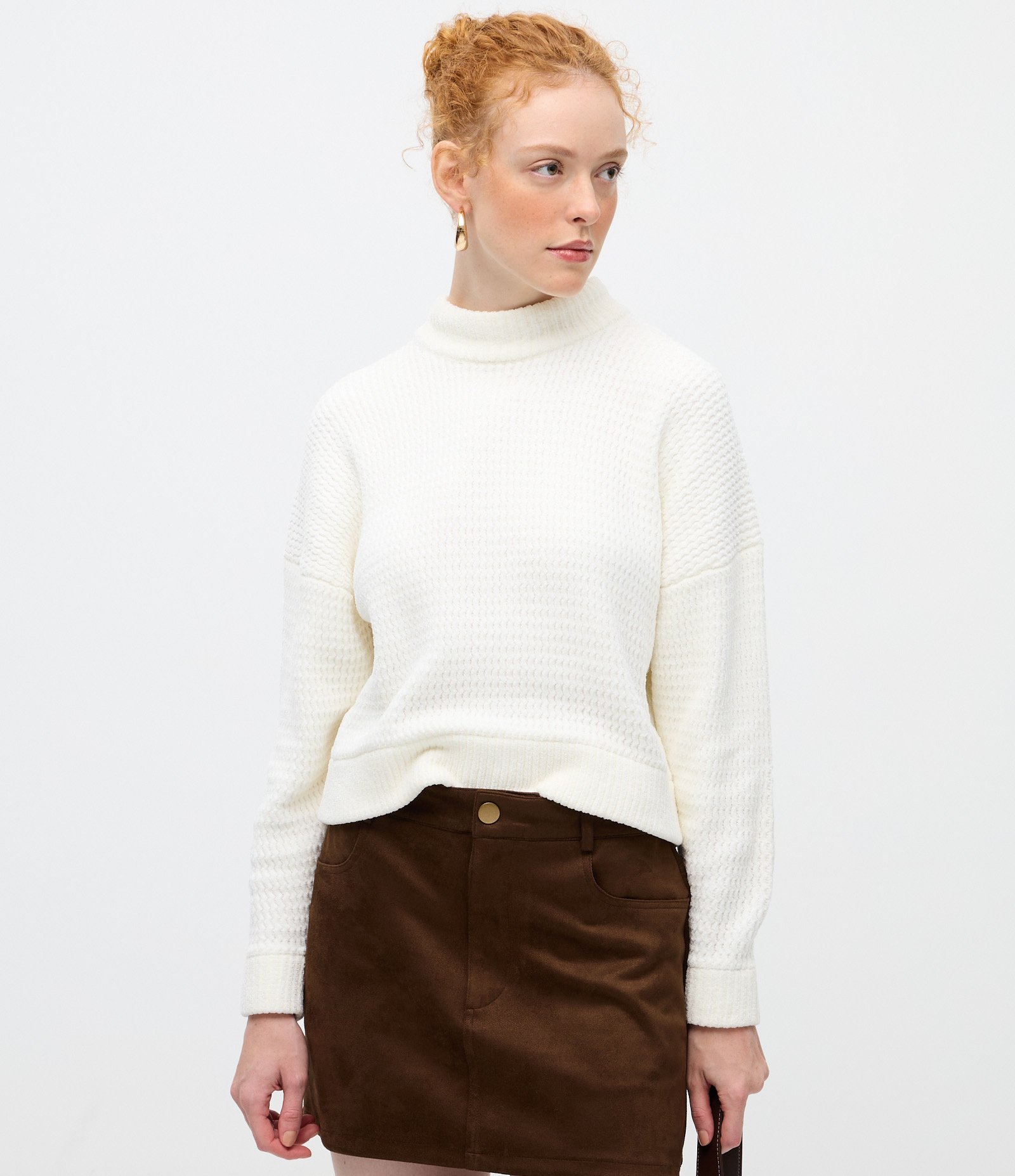 Suéter Oversized em Tricô Texturizado com Gola Alta Branco 3