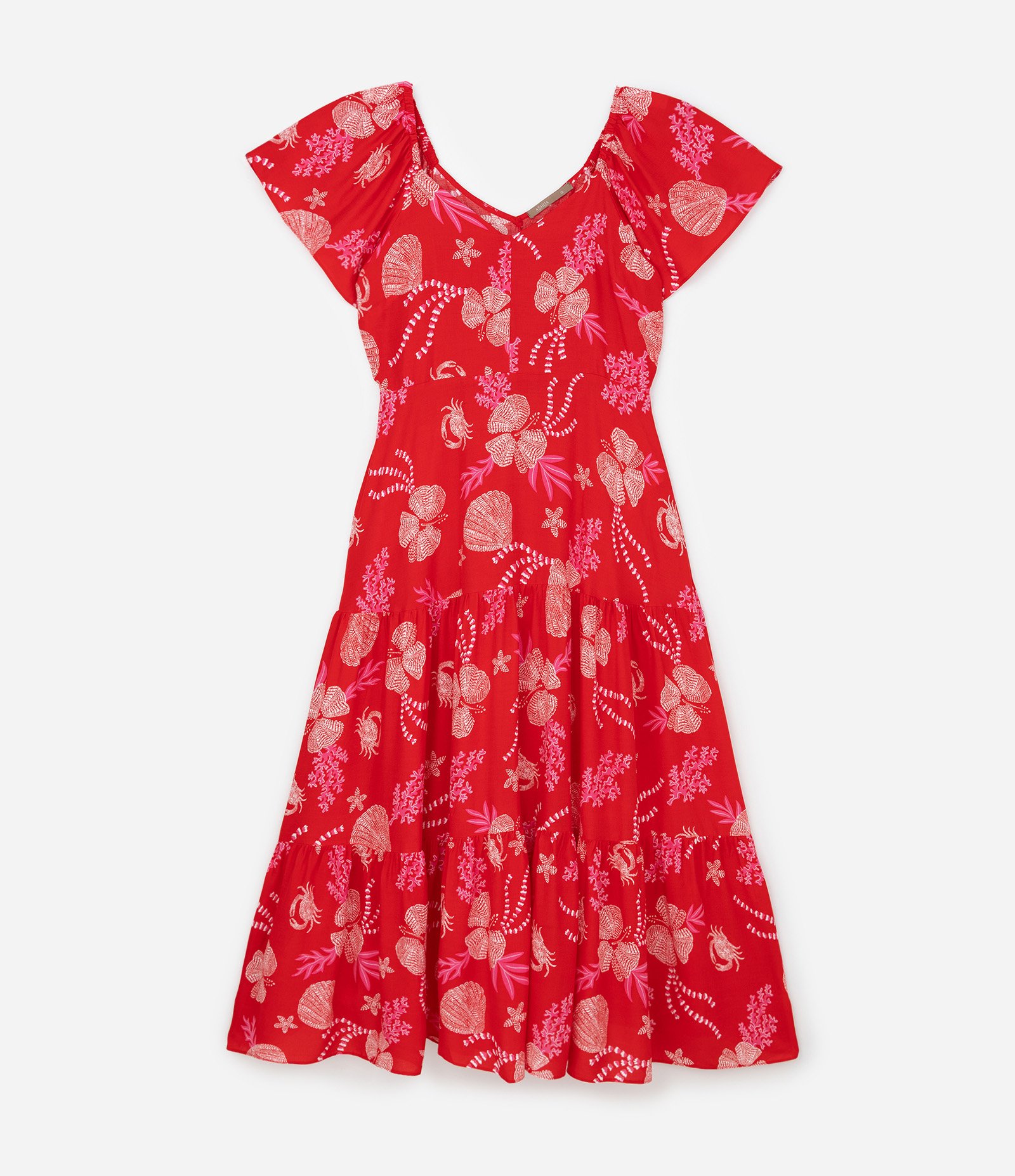 Vestido Longo com Estampa Flores e Conchas Curve & Plus Size Vermelho 1