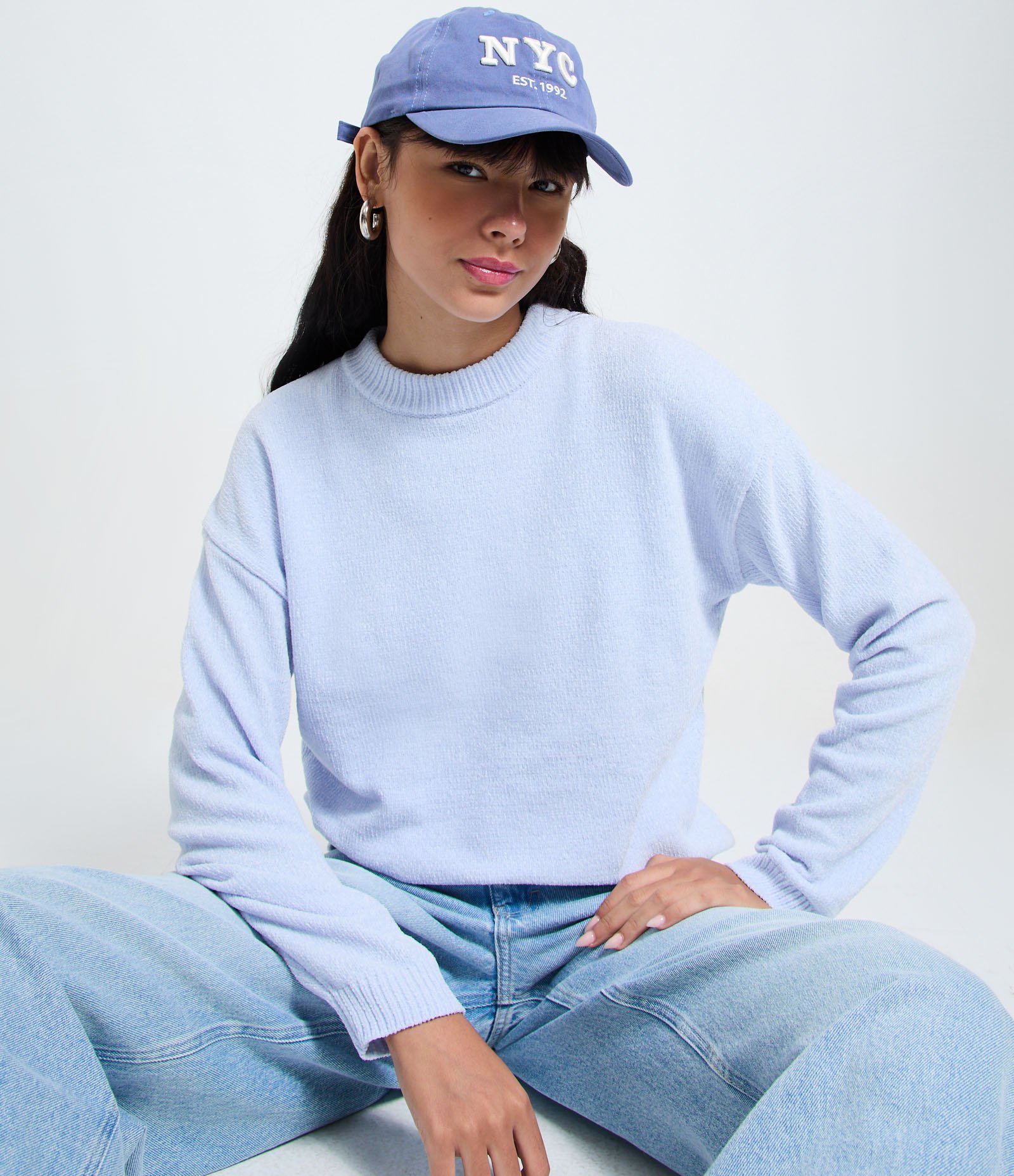 Blusa Slim em Tricô Chenille com Gola Redonda Azul Suave 1