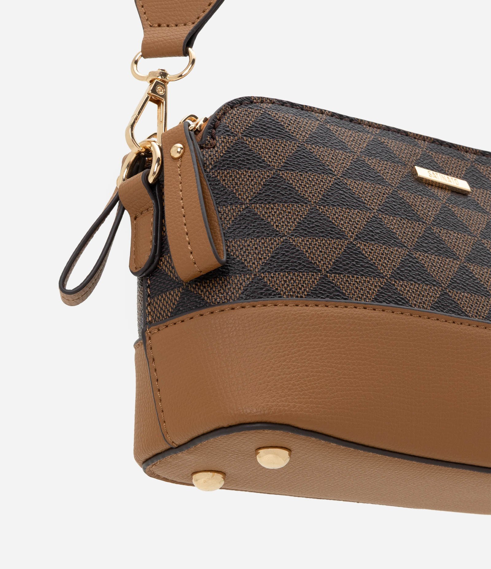 Bolsa Transversal Pequena com Estampa Triangular Marrom 4