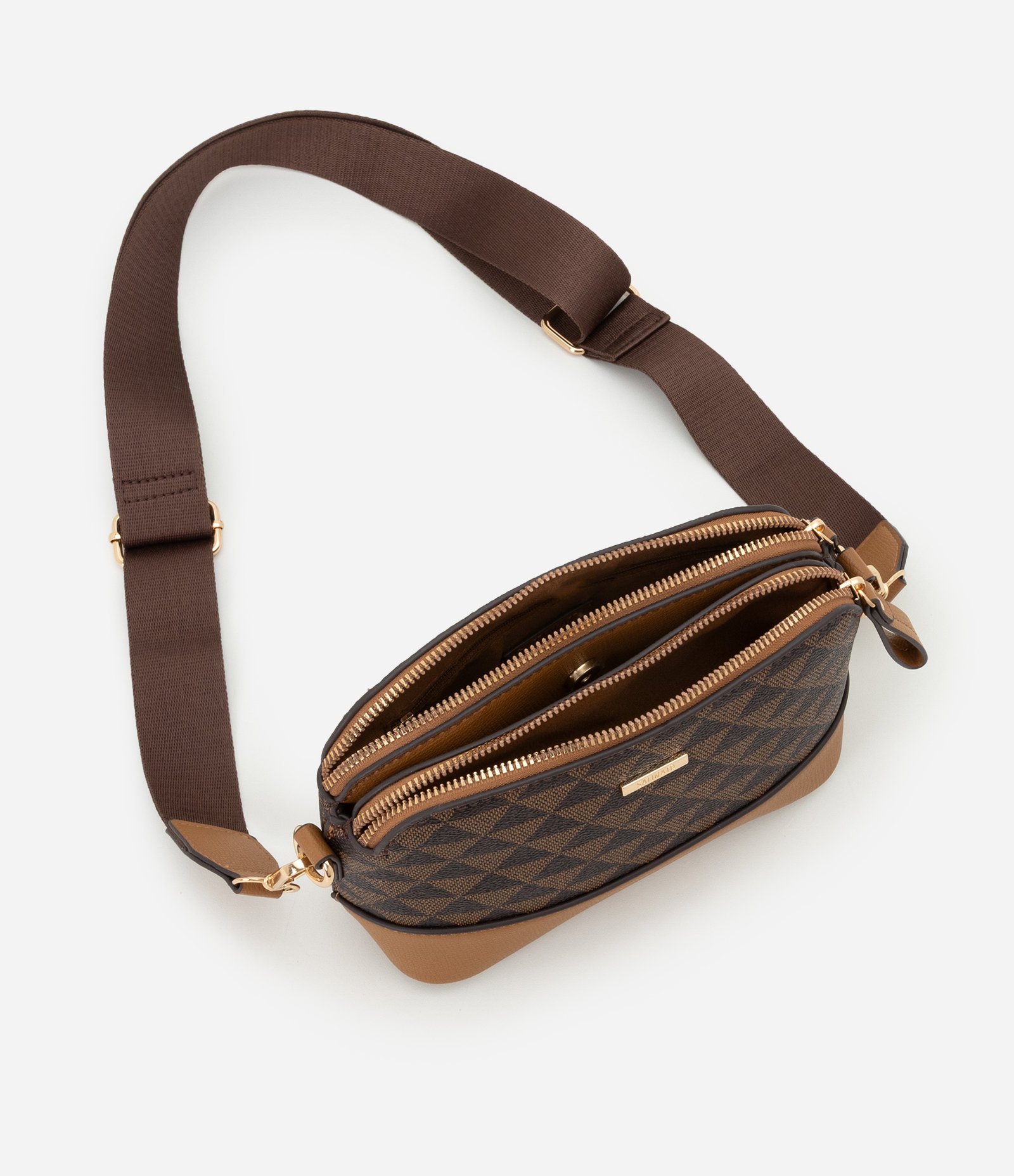 Bolsa Transversal Pequena com Estampa Triangular Marrom 6