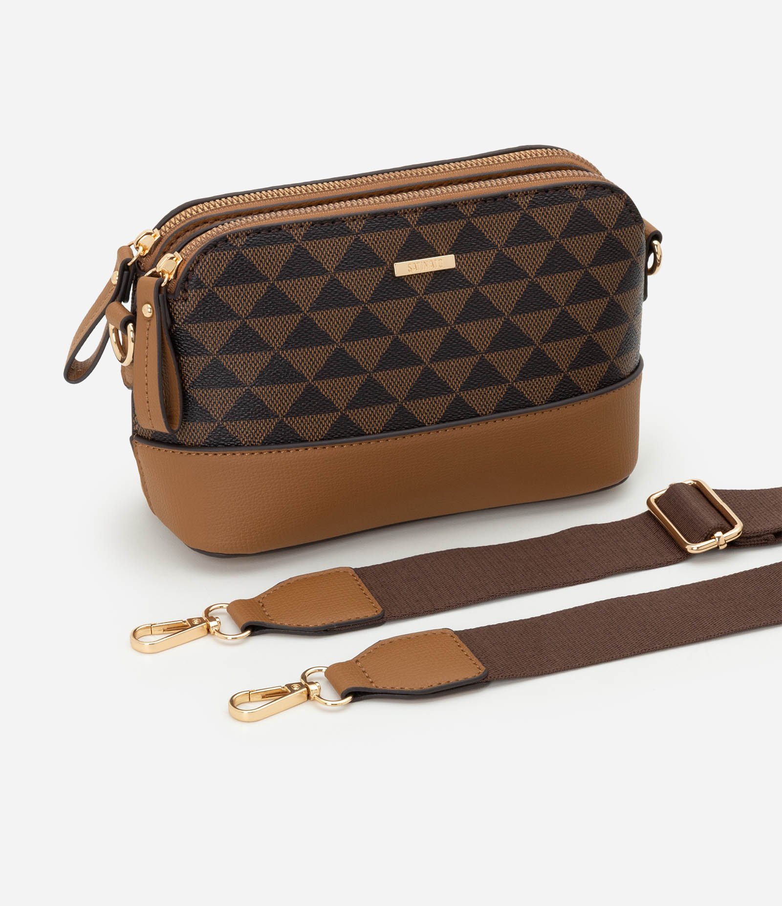 Bolsa Transversal Pequena com Estampa Triangular Marrom 7