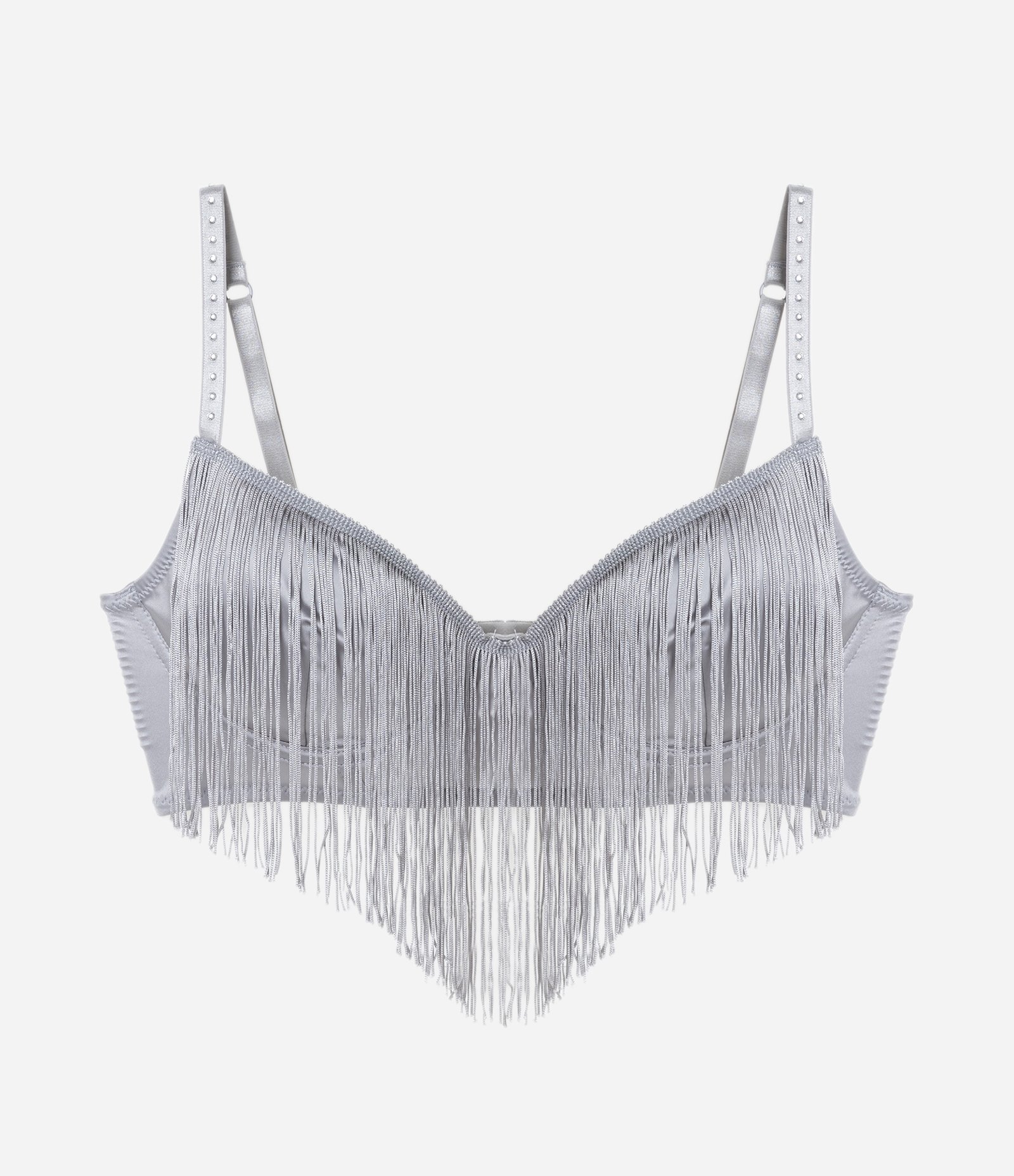Sutiã sem Bojo em Microfibra com Strass e Franjas Prata 4