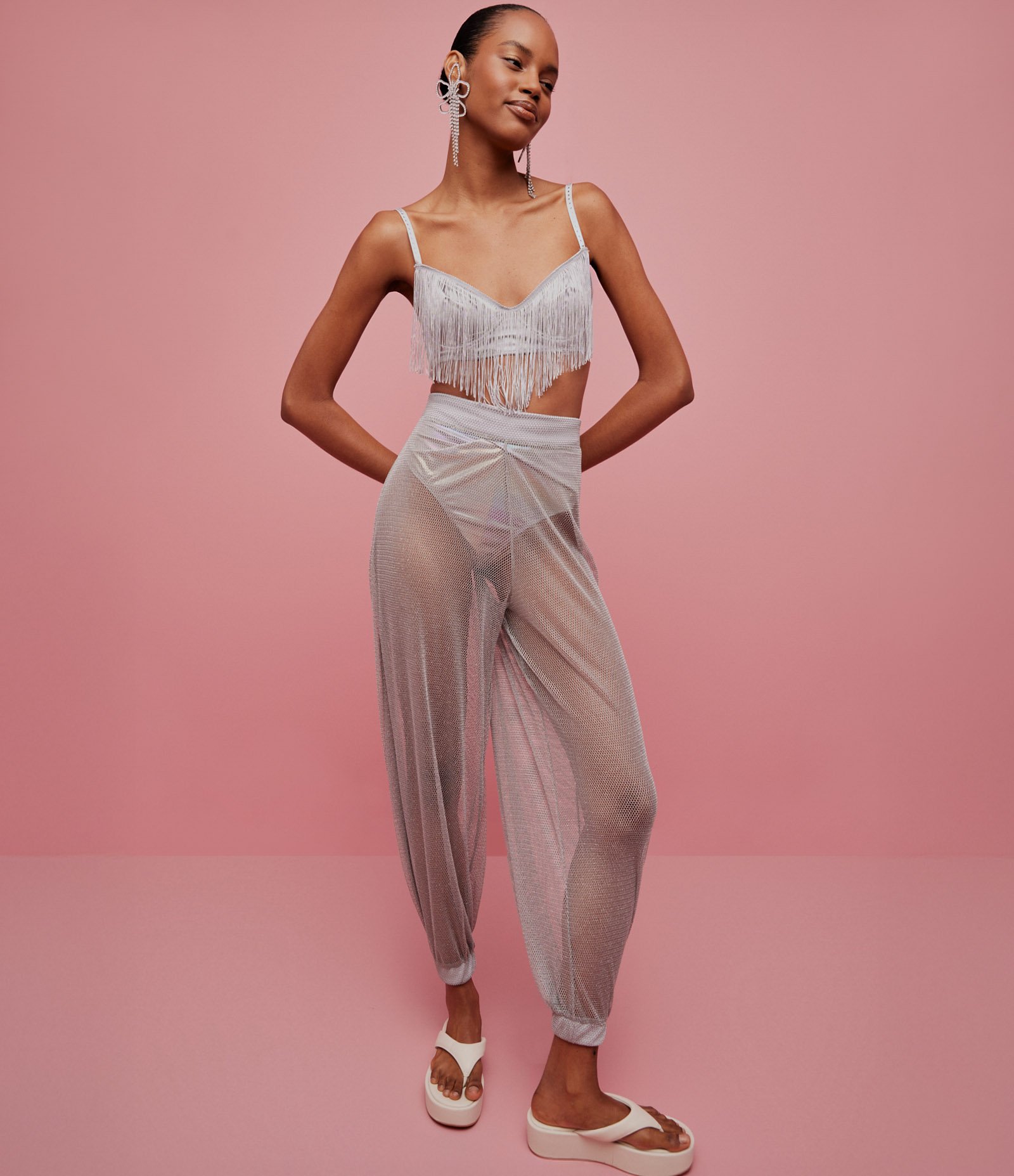 Sutiã sem Bojo em Microfibra com Strass e Franjas Prata 1