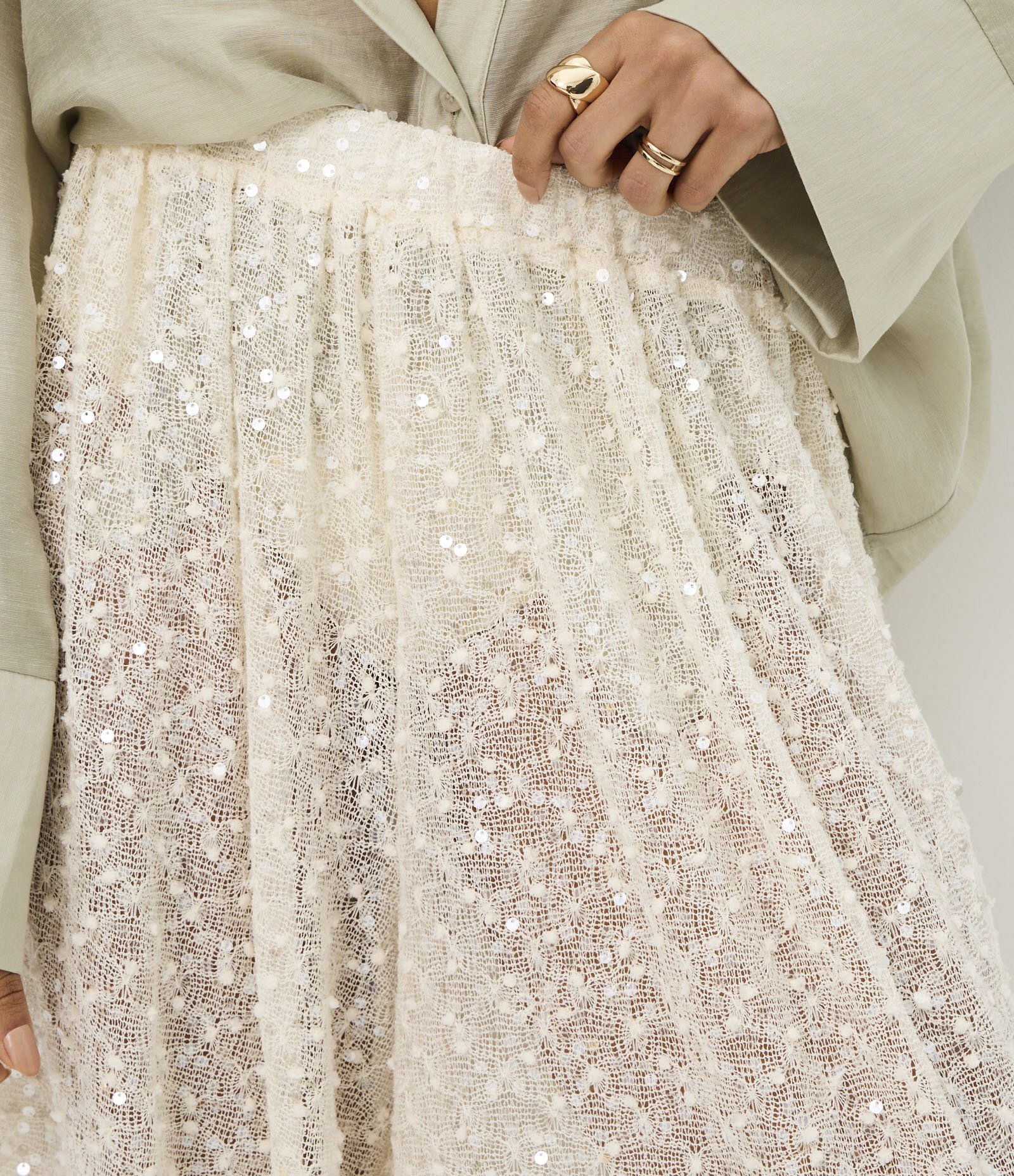 Calça Aladim Balloon Cintura Alta em Tricô com Paetês Bege 4