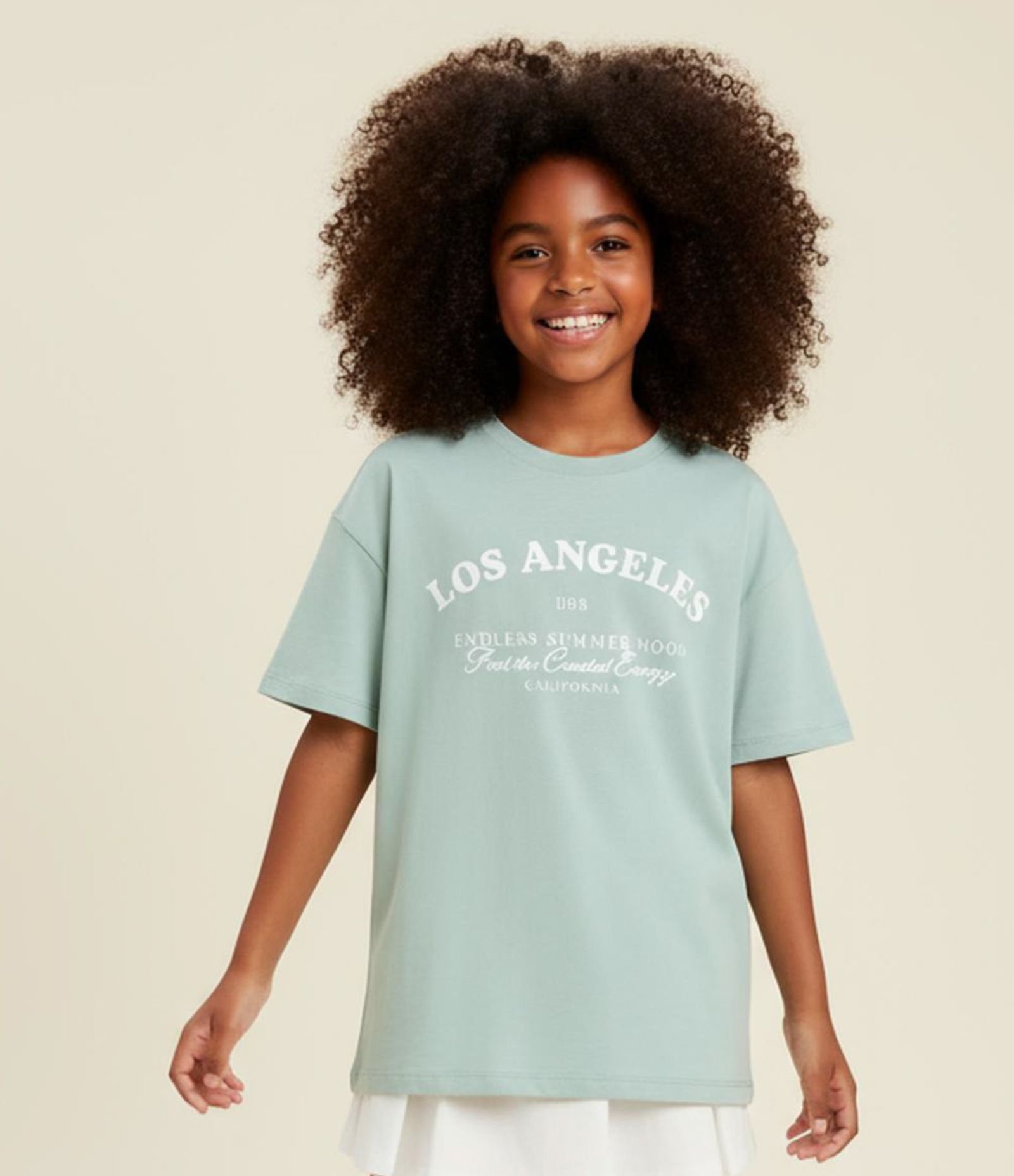 Camiseta Over Infantil com Estampa Letterng Los Angeles - Tam 7 a 16 Anos Verde 1