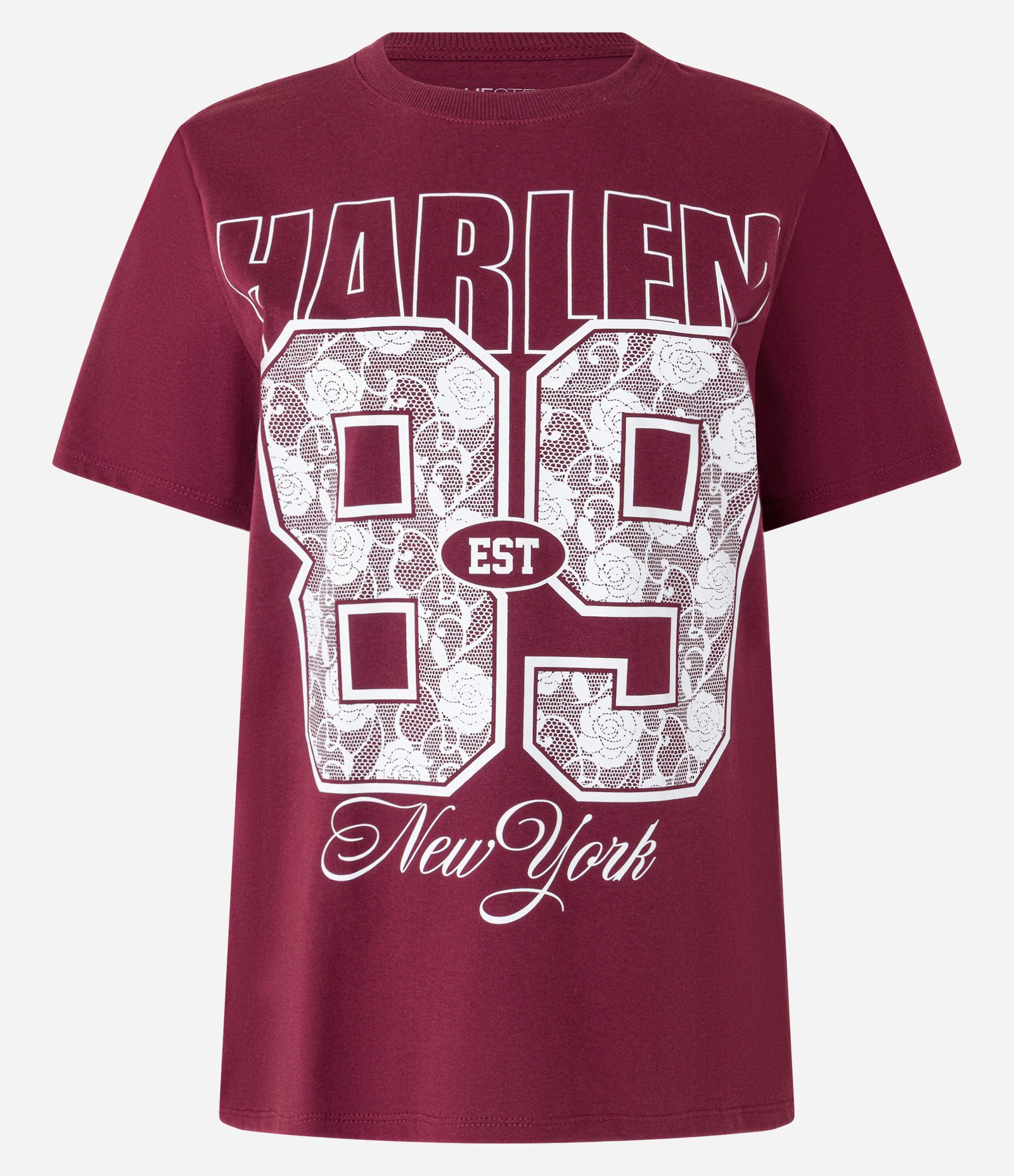 Camiseta T-shirt com Estampa Harlem 89 em Detalhe Rendado Bordô 4
