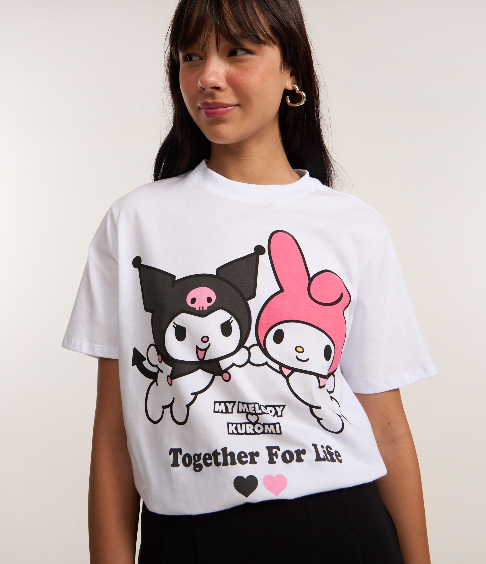 Camiseta T-Shirt em Algodão com Estampa e Lettering My Melody e Kuromi Branco 1