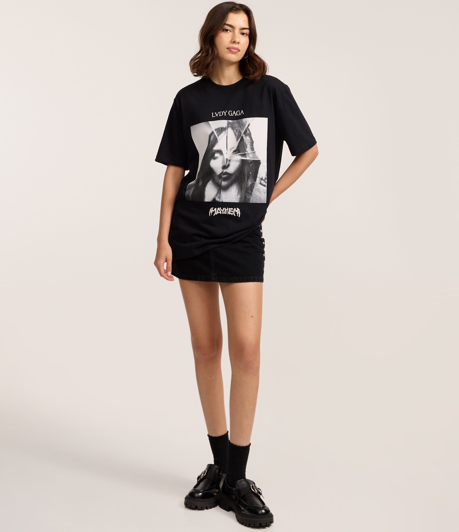 Camiseta em Algodão com Estampa e Lettering Lady Gaga Preto 2