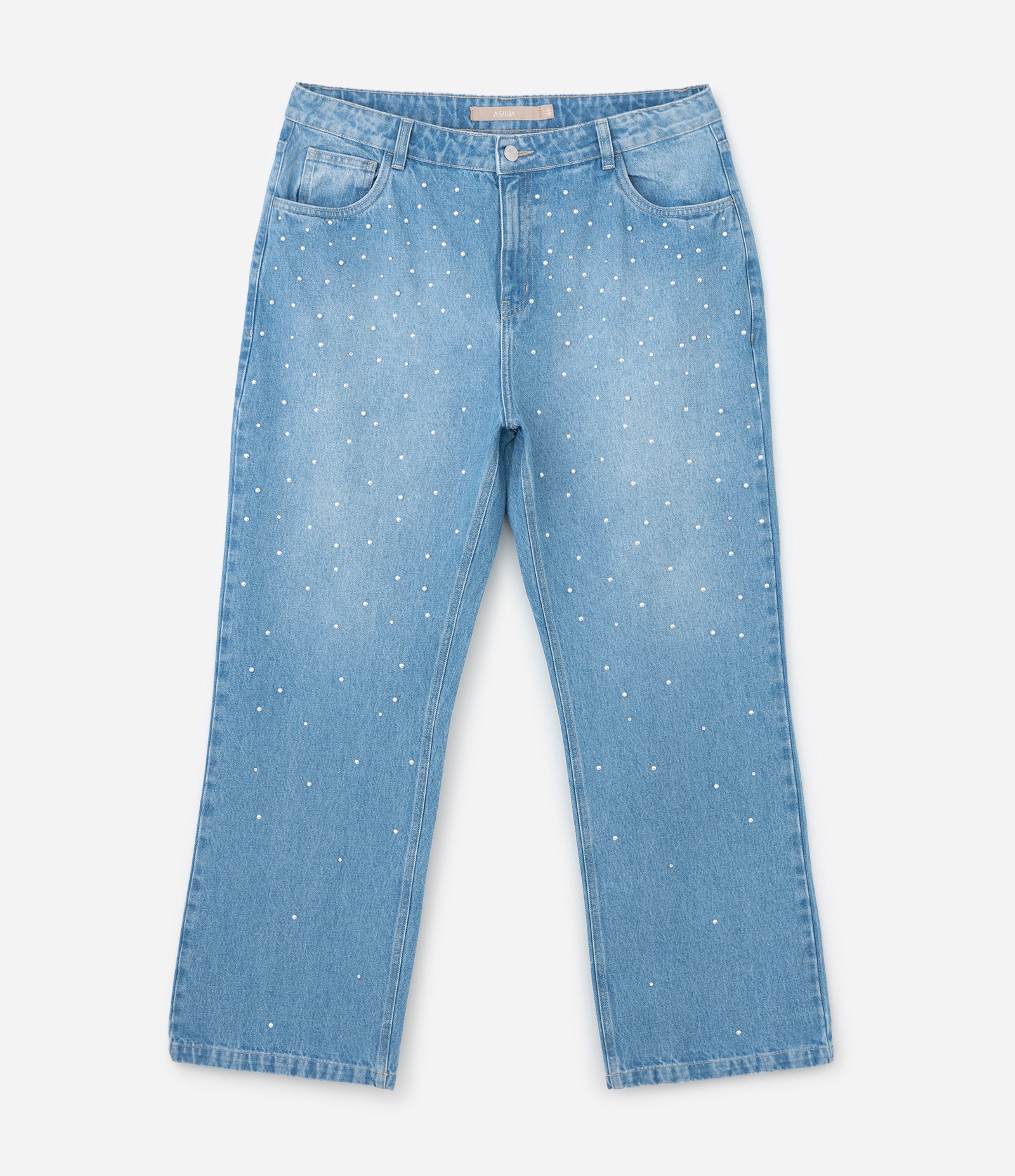 Calça Reta em Jeans com Strass e Pérolas Aplicadas Curve & Plus Size Azul 1
