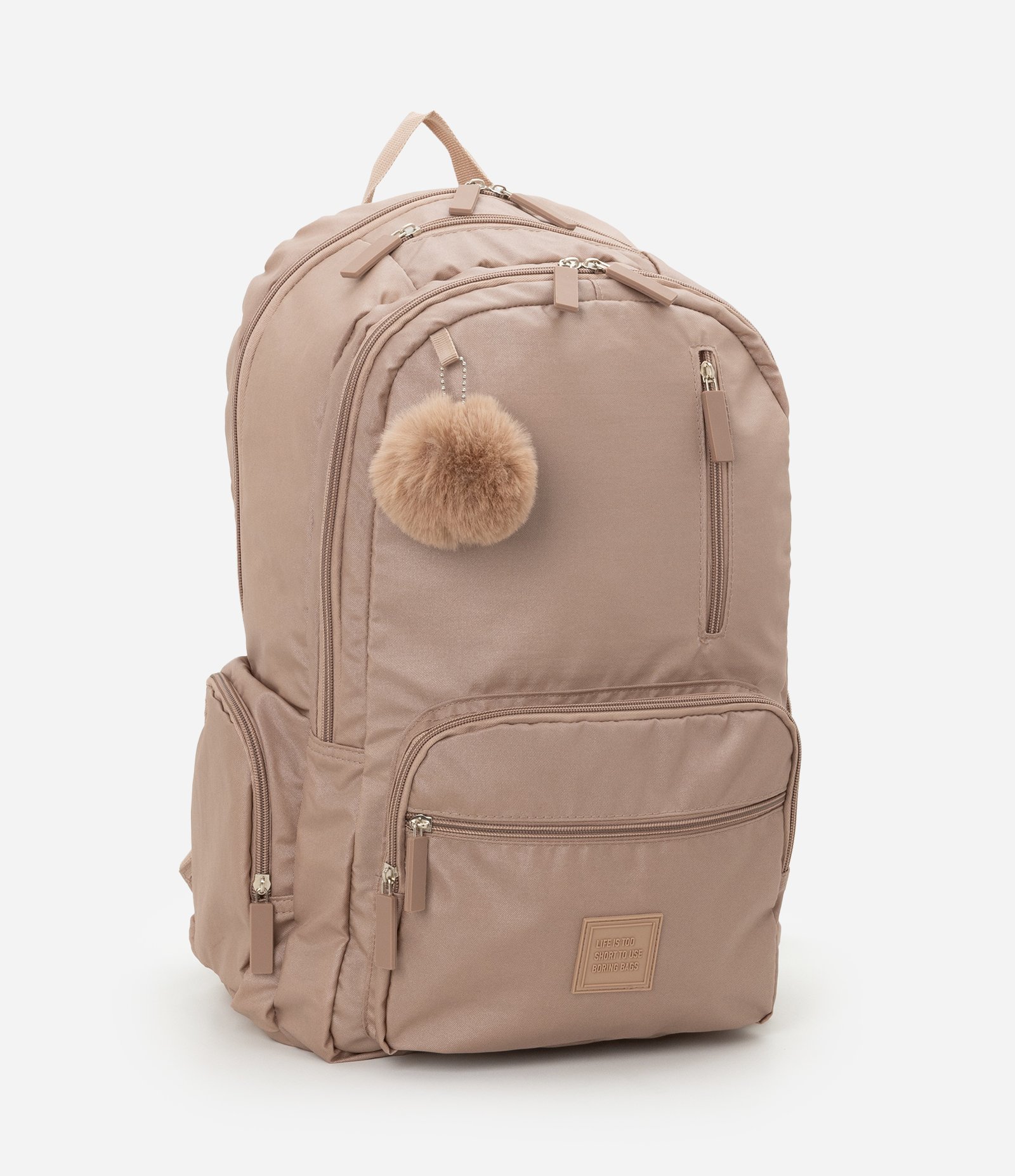 Mochila em Polimaida com Bolso Frontal e Pompom Rosa 1