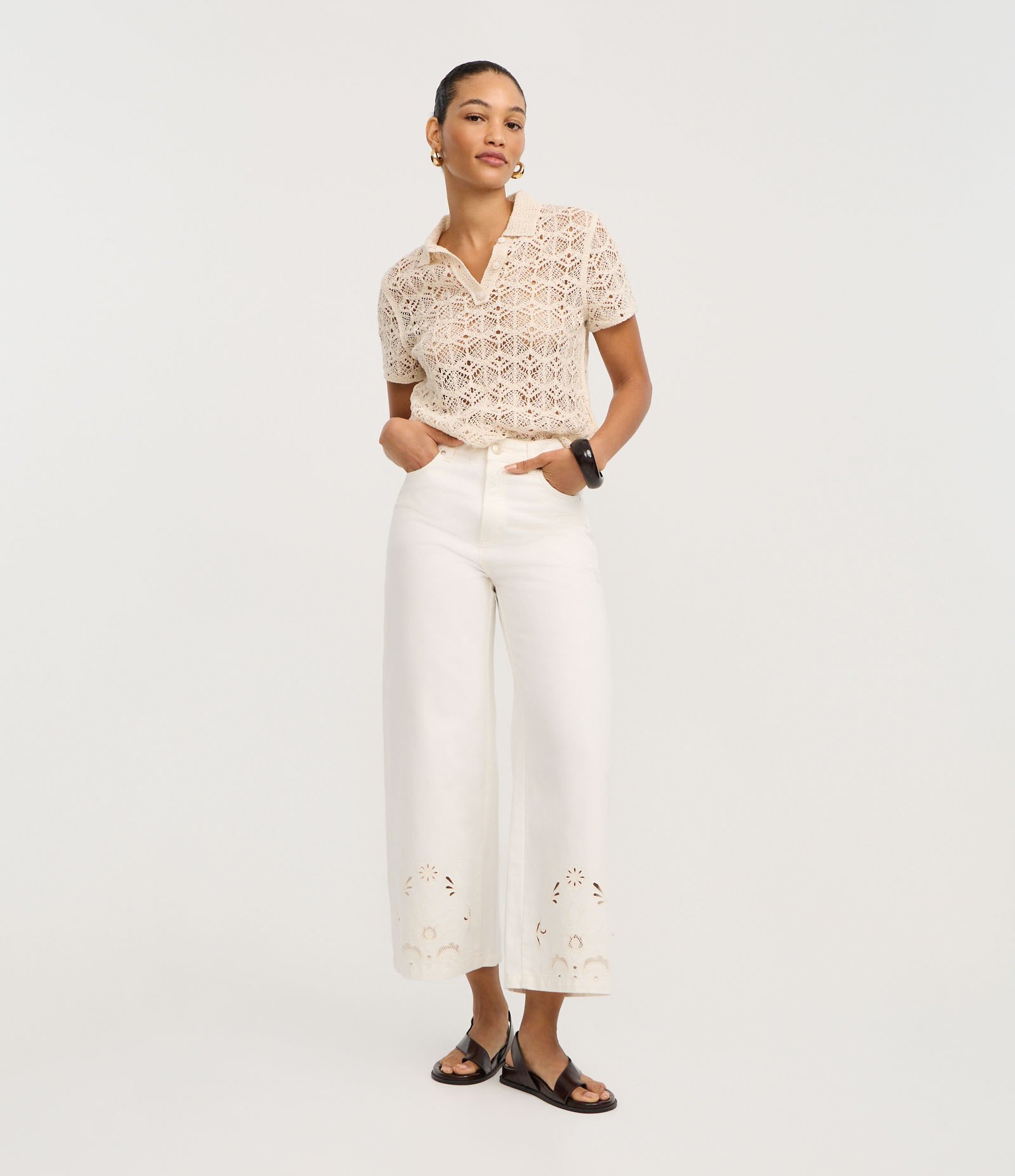 Calça Wide Leg Cropped em Sarja com Bordado Paisley Off White 1