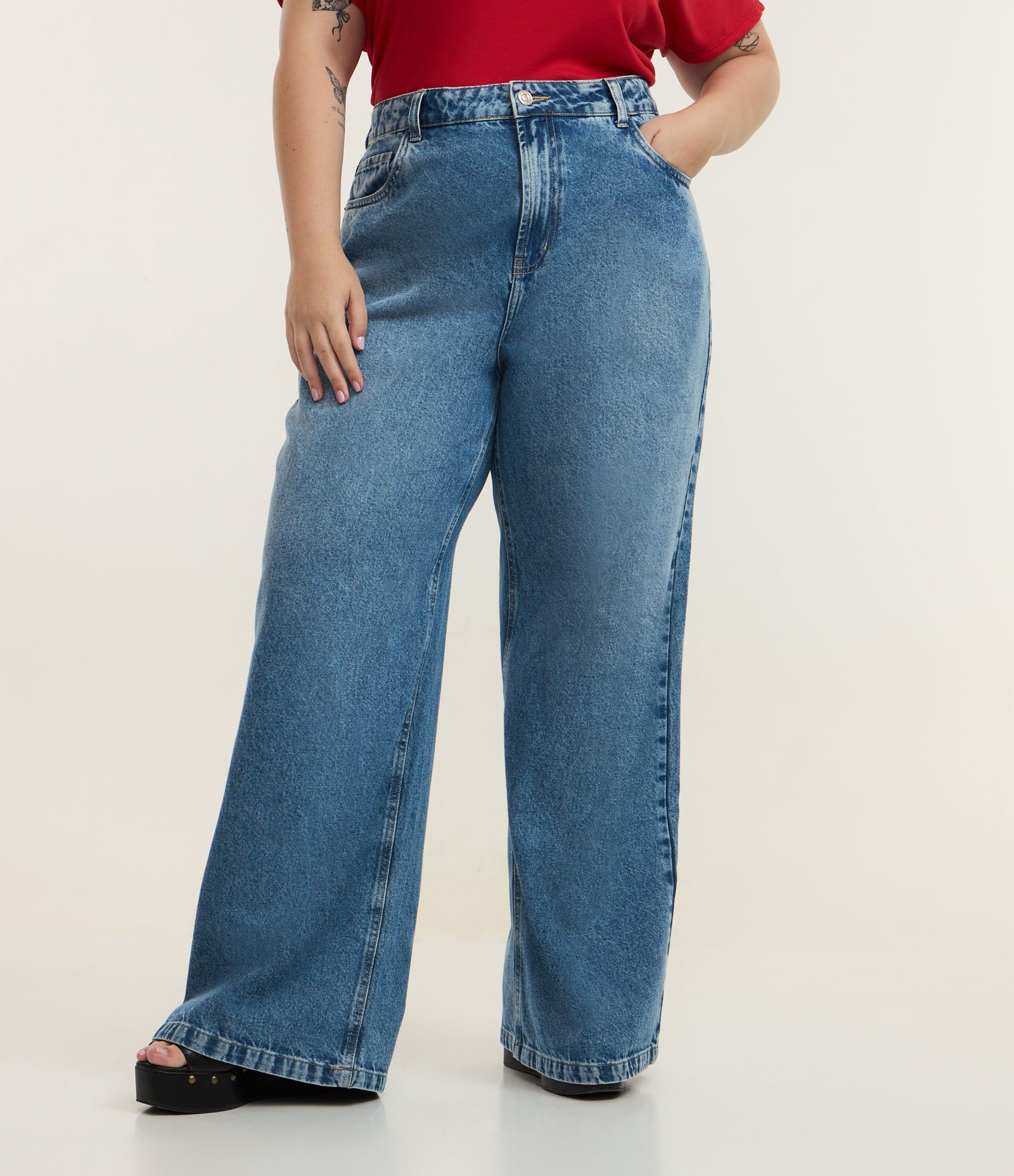 Calça Wide Leg Básica em Jeans Curve & Plus Size Azul 2
