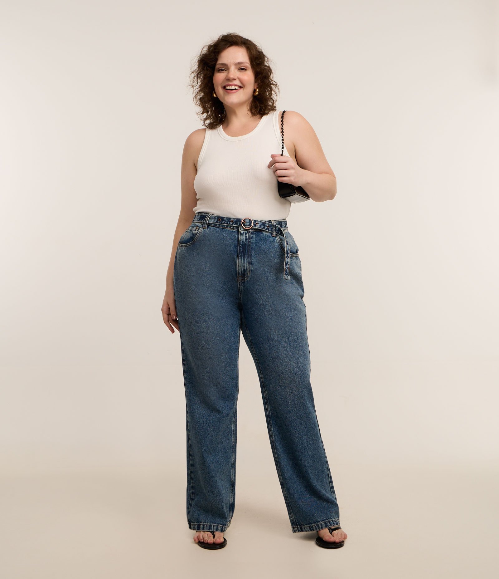 Calça Reta em Jeans com Cinto Curve & Plus Size Azul 1