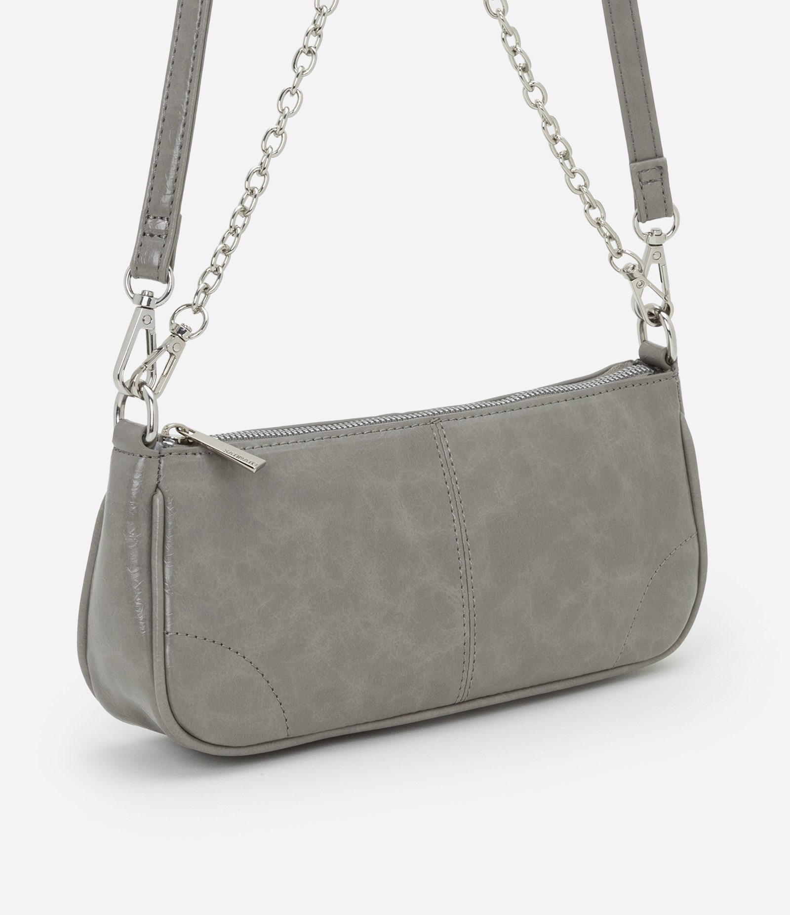Bolsa Baguete Pequena com Alça Curta de Corrente e Longa Removível Cinza 1