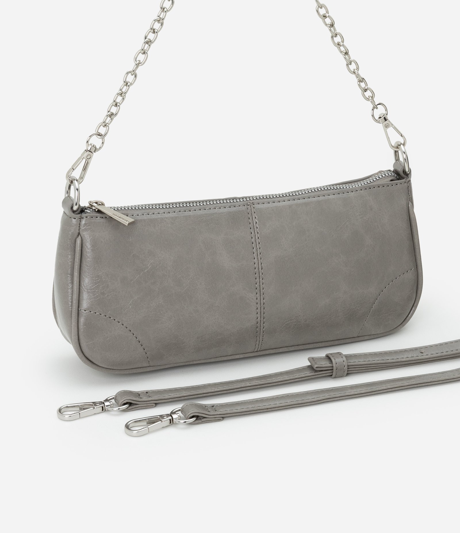 Bolsa Baguete Pequena com Alça Curta de Corrente e Longa Removível Cinza 7