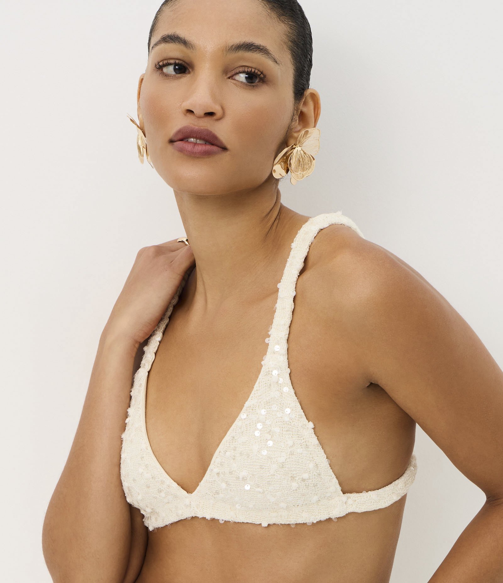 Top de Alça em Tricô com Paetês e Elástico Bege 1