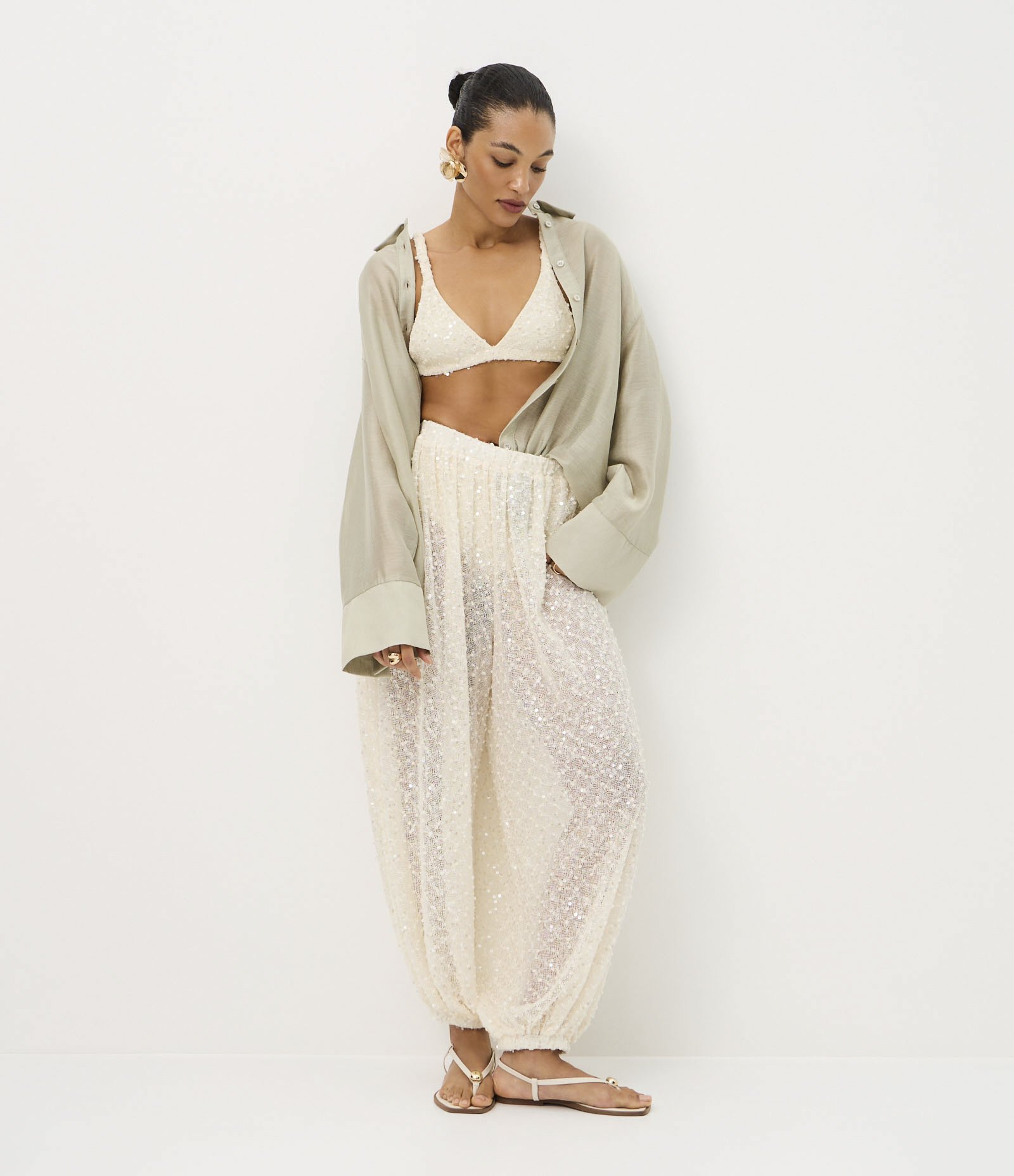 Top de Alça em Tricô com Paetês e Elástico Bege 3