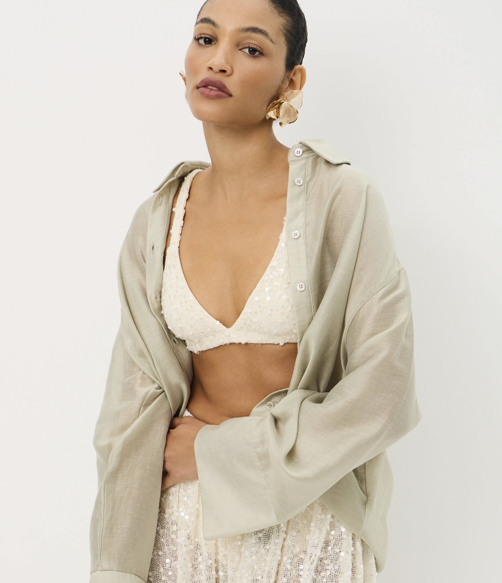 Top de Alça em Tricô com Paetês e Elástico Bege 4