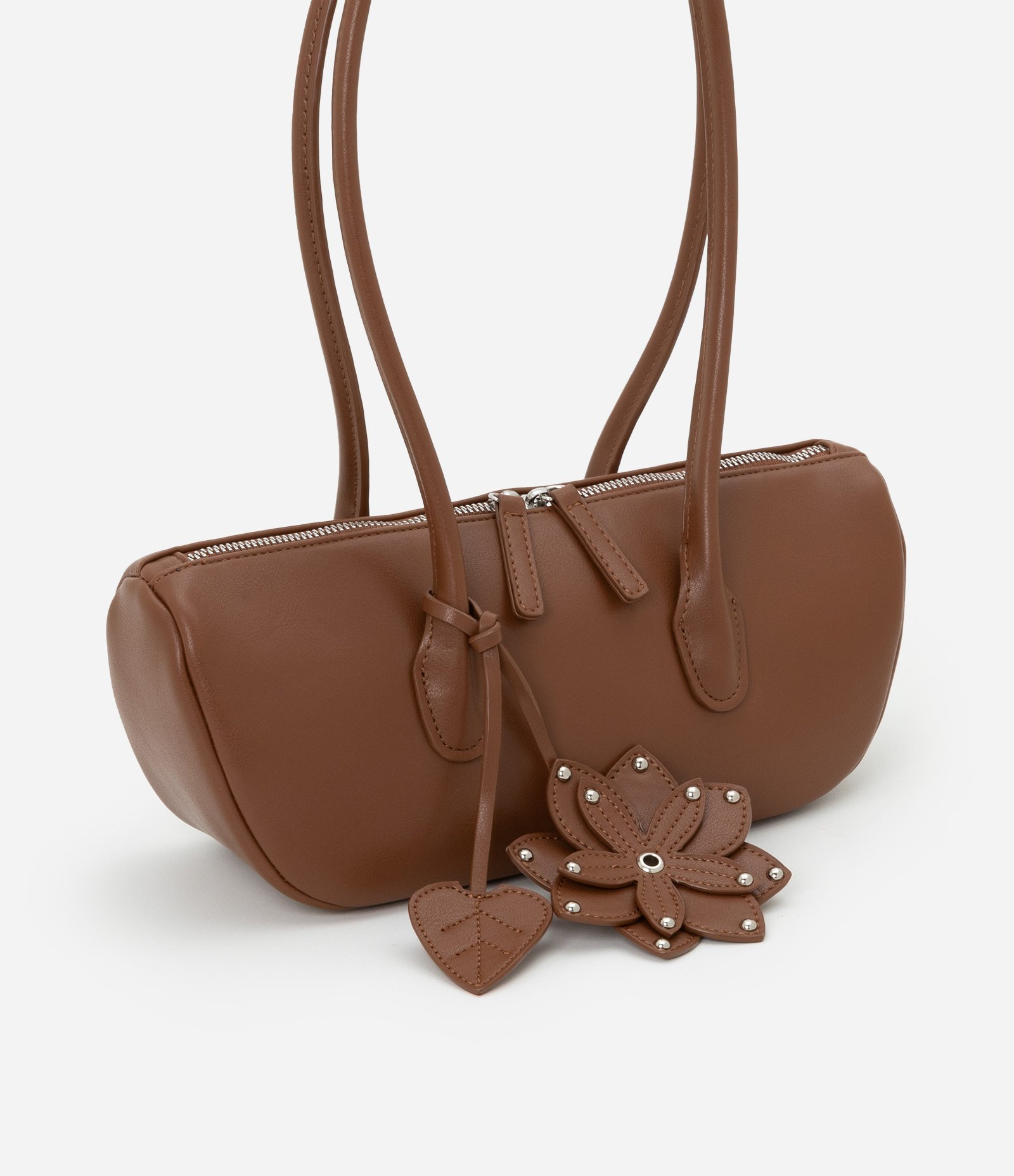 Bolsa Baguete em PU com Charm de Flor e Folha 3D Marrom 2