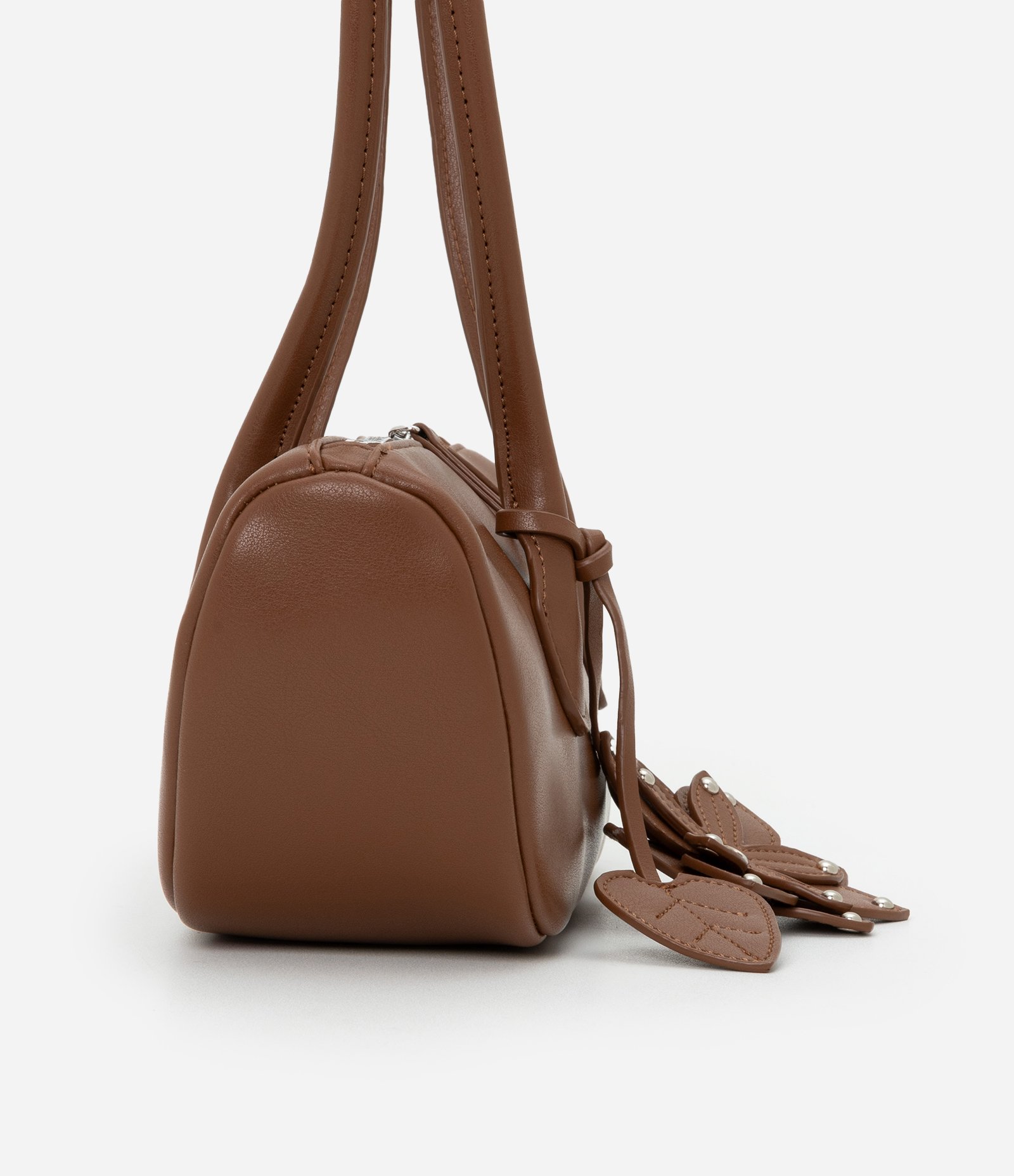 Bolsa Baguete em PU com Charm de Flor e Folha 3D Marrom 3