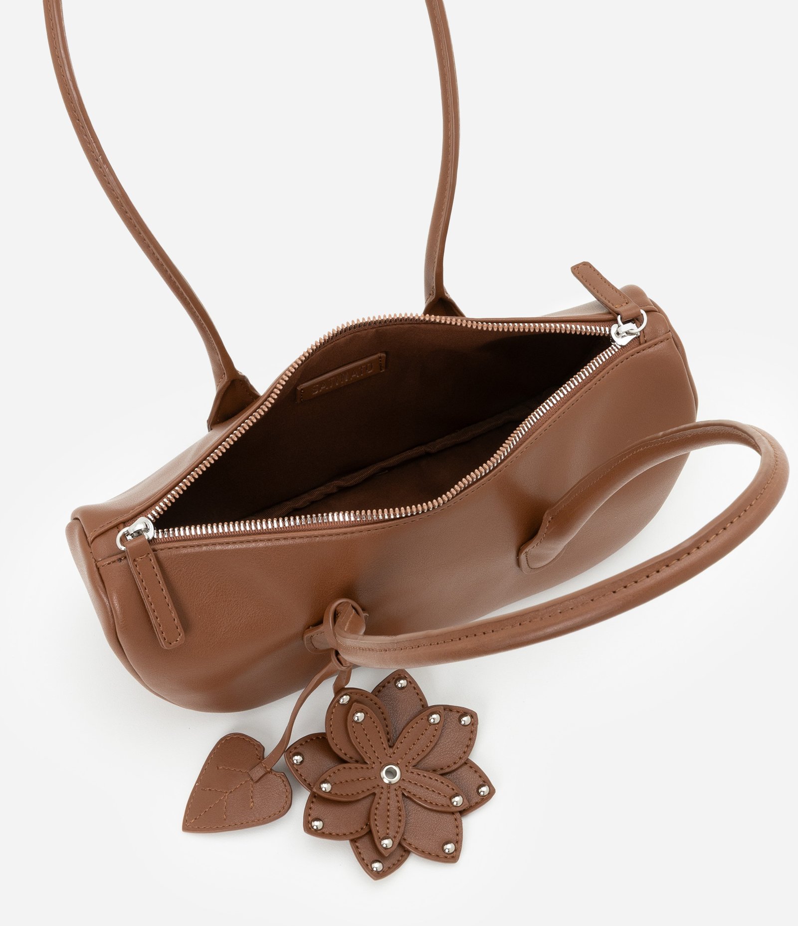 Bolsa Baguete em PU com Charm de Flor e Folha 3D Marrom 5