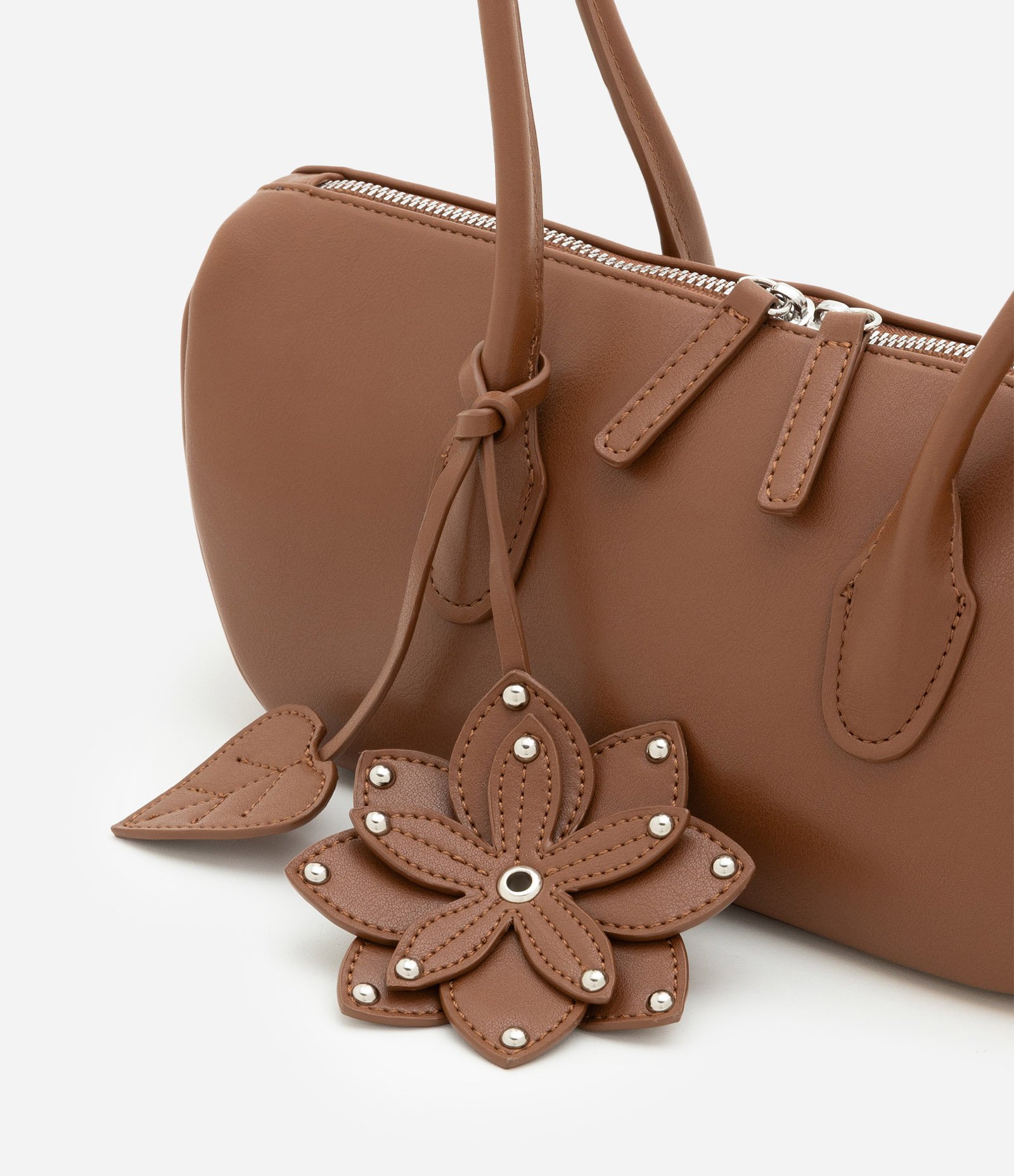 Bolsa Baguete em PU com Charm de Flor e Folha 3D Marrom 6