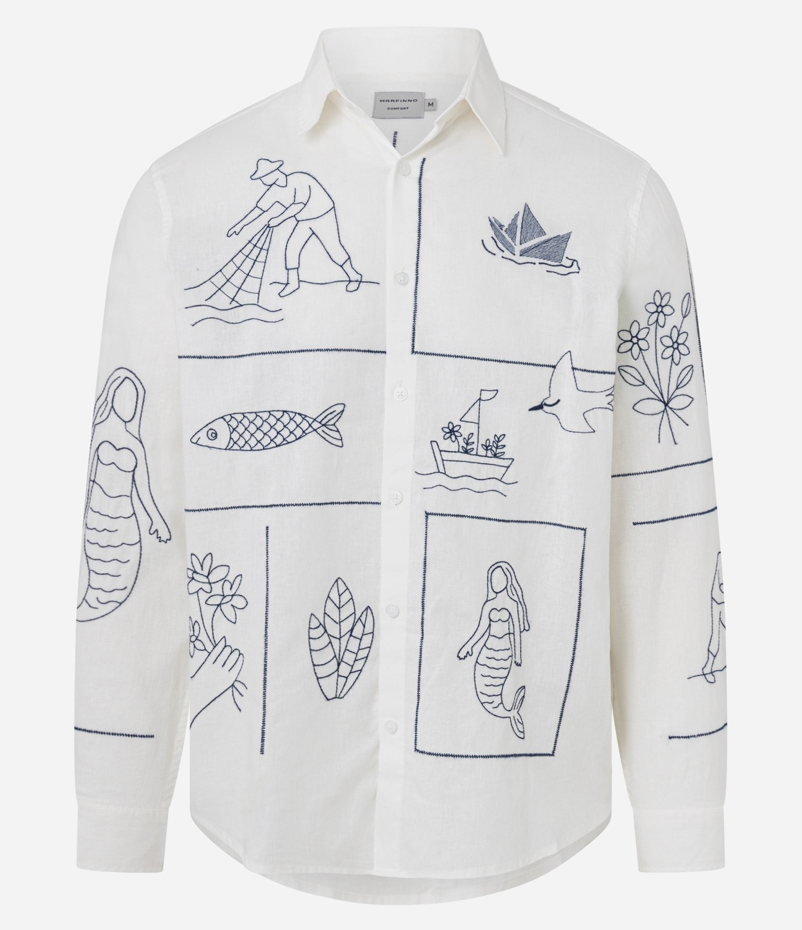 Camisa Comfort em Linho com Patchwork Fundo do Mar Bordado Branco 1