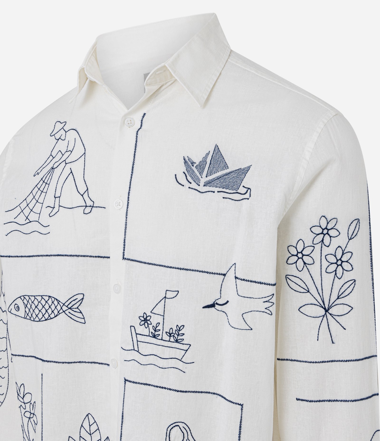 Camisa Comfort em Linho com Patchwork Fundo do Mar Bordado Branco 2