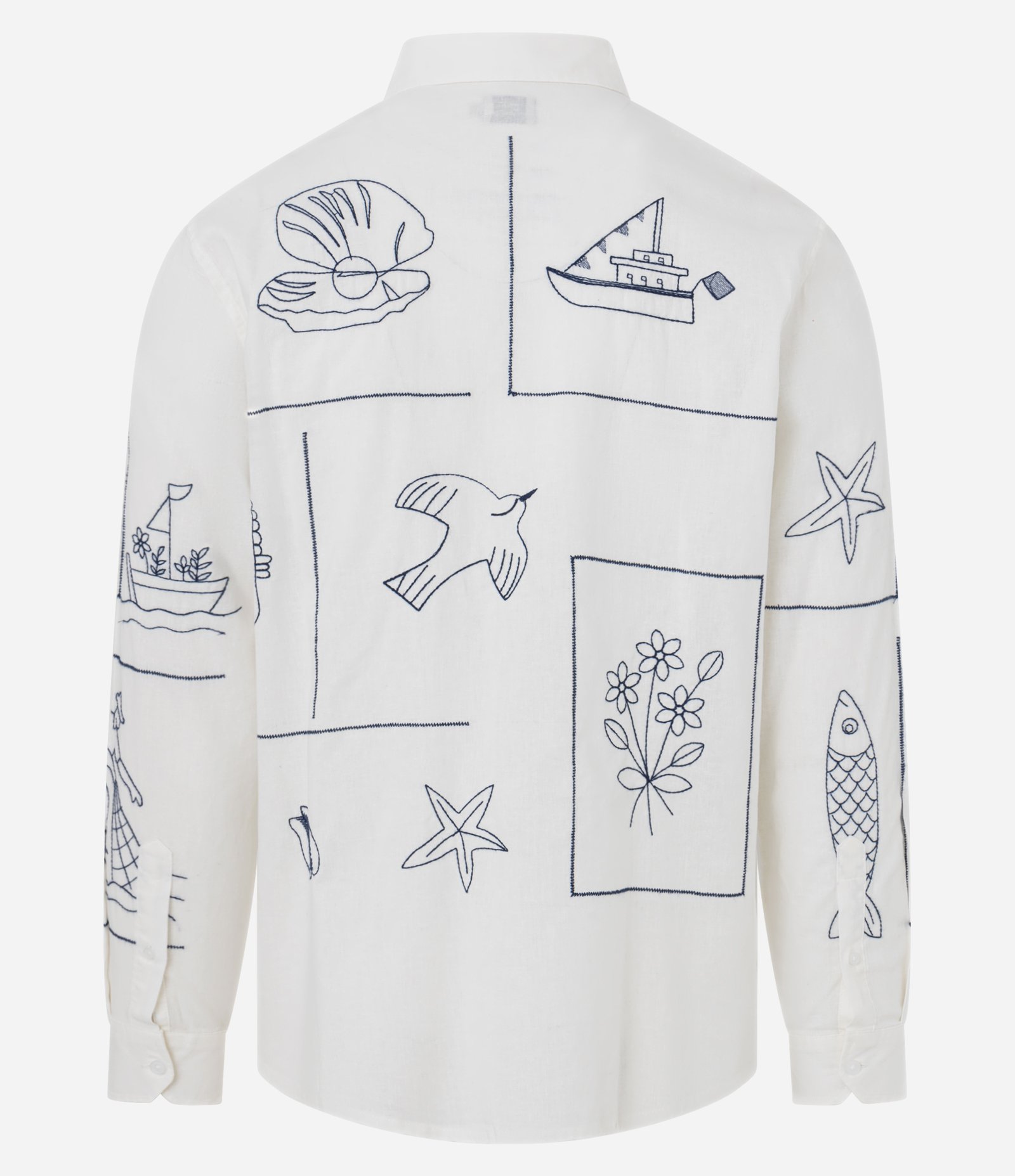 Camisa Comfort em Linho com Patchwork Fundo do Mar Bordado Branco 3